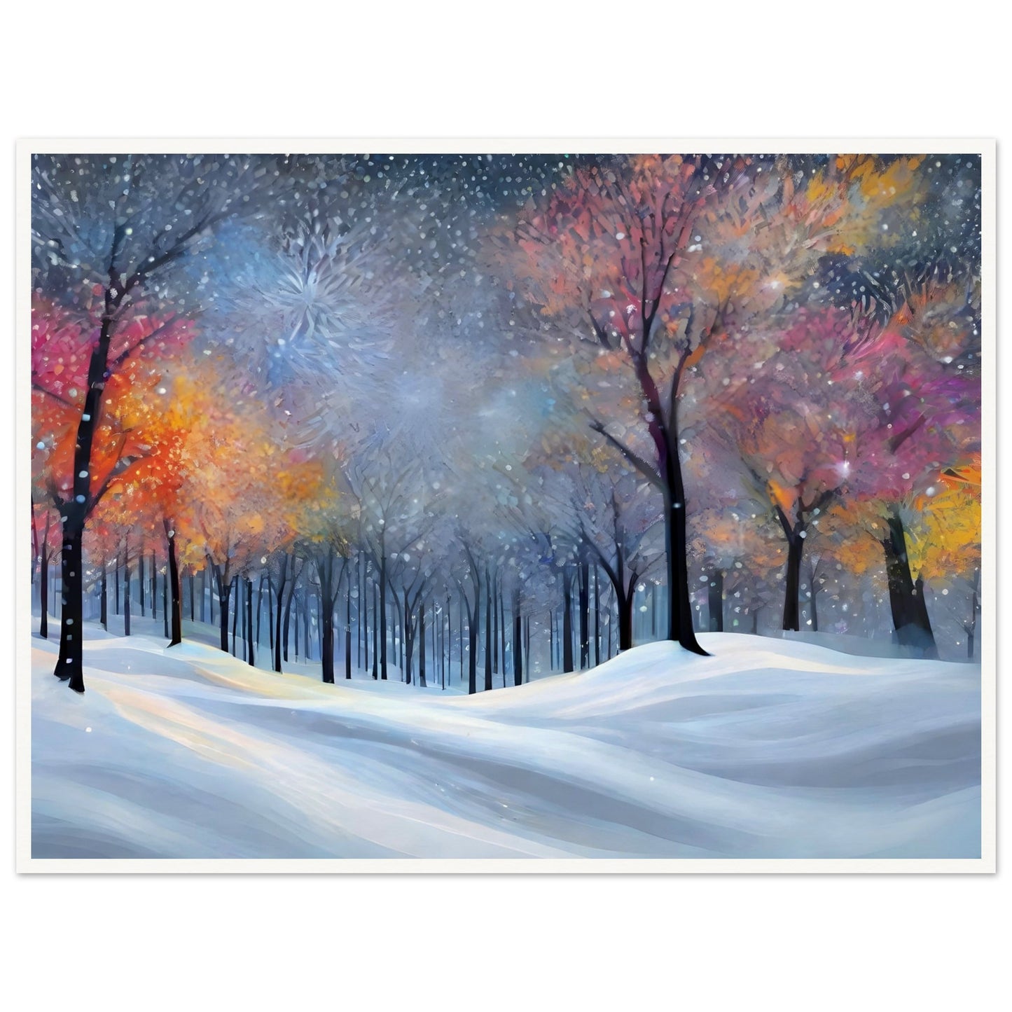A magical winter forest with colorful, softly glowing trees covered in snow, surrounded by a serene snowfield under a shimmering twilight sky.
