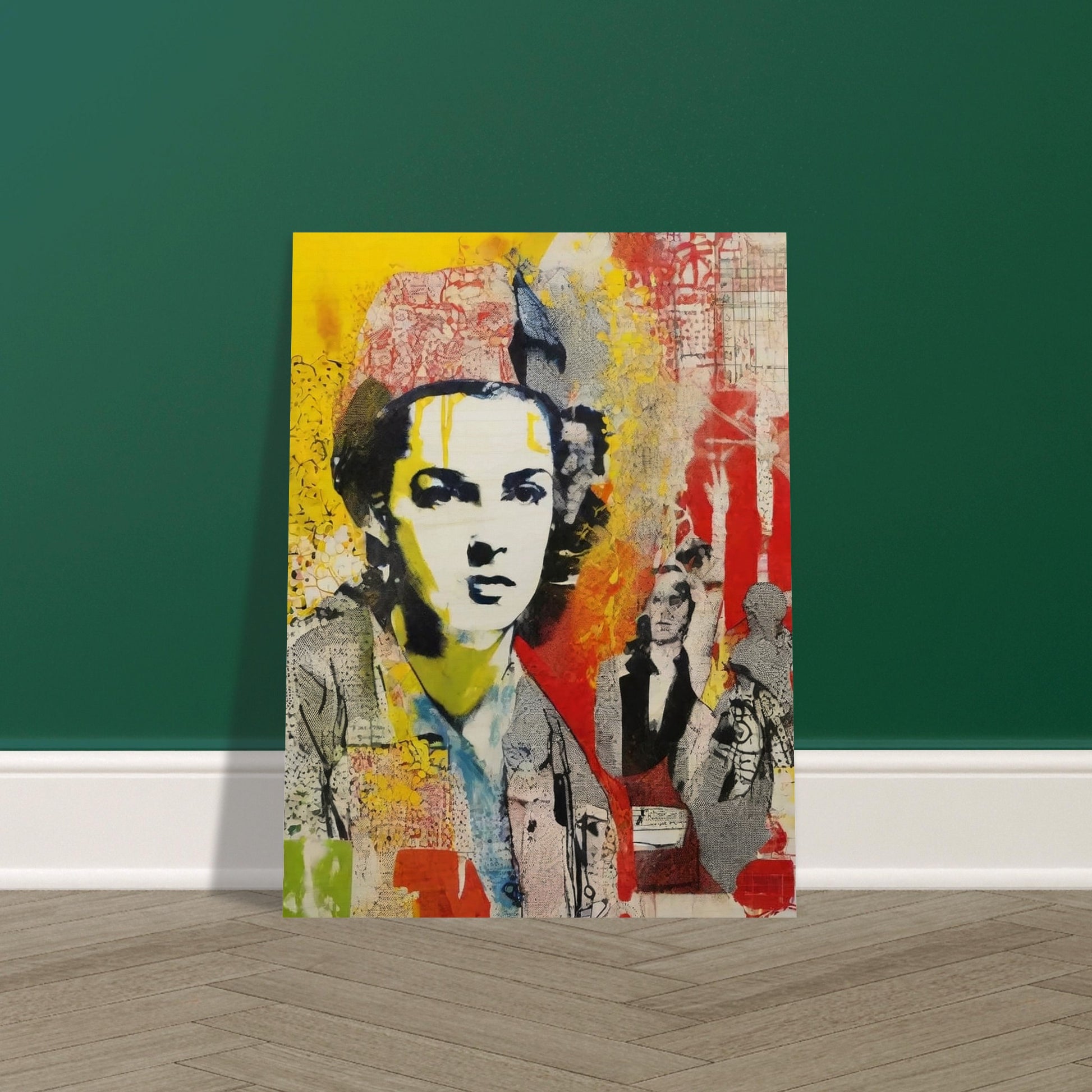 "Bold and colorful collage-like portrait of a serious woman with layers of red, yellow, and abstract patterns in the background."