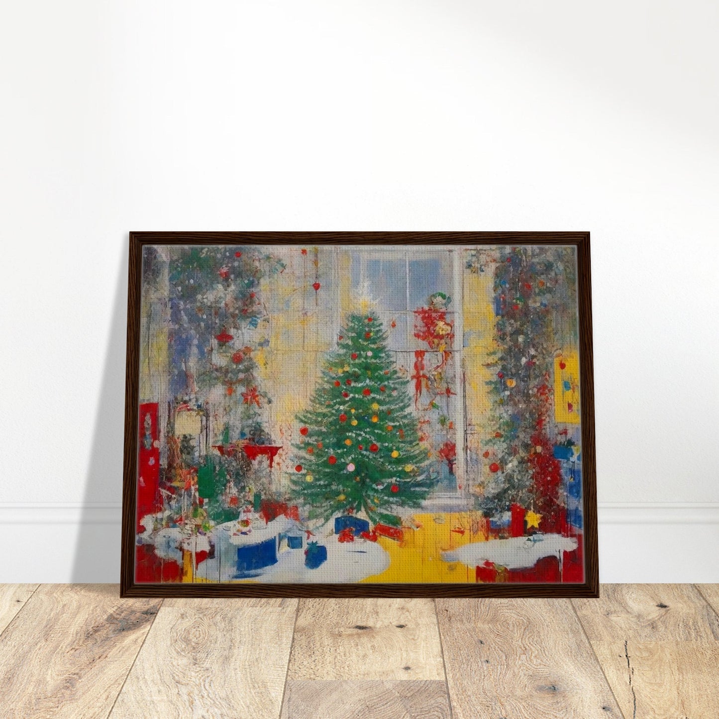 A vibrant painting of a festive living room with a beautifully decorated Christmas tree, glowing lights, and wrapped presents by a large window.