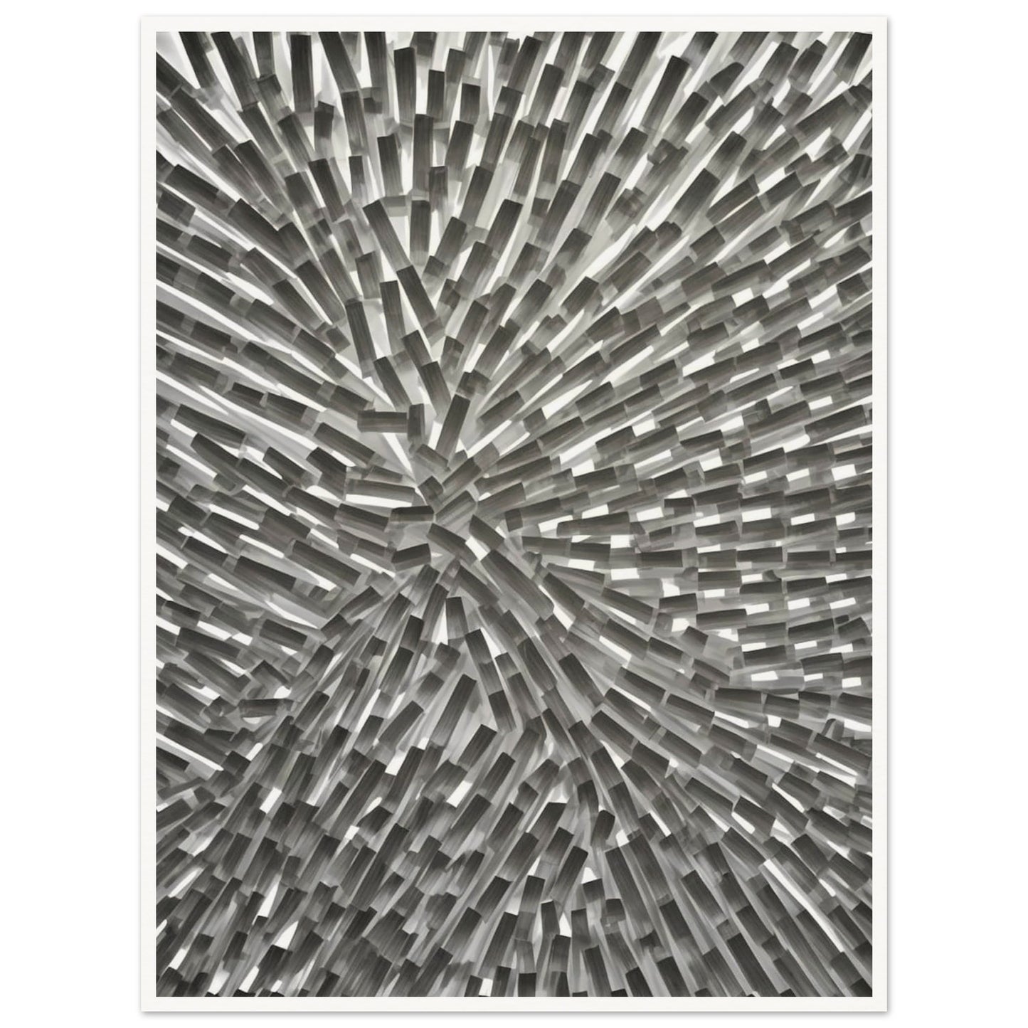 An abstract monochromatic artwork featuring a dynamic arrangement of geometric rectangular blocks radiating outward in a burst-like pattern.