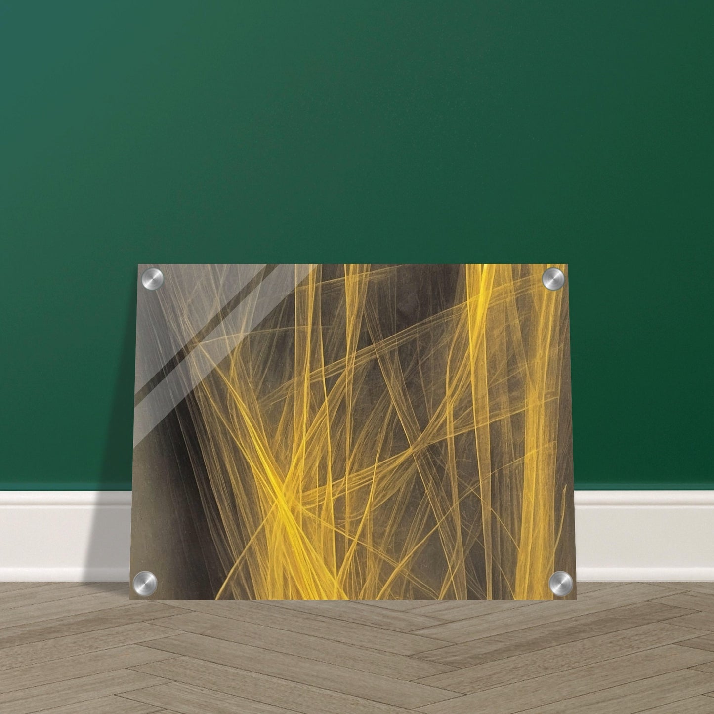 "A striking abstract artwork featuring golden yellow lines interwoven against a dark background, creating an energetic and dynamic visual flow."
