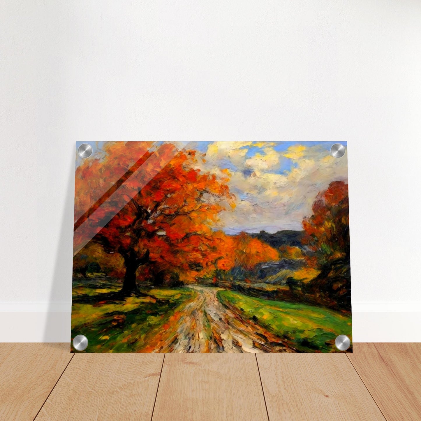"A beautiful autumn landscape featuring a winding path surrounded by trees with vibrant orange and red leaves under a bright sky."