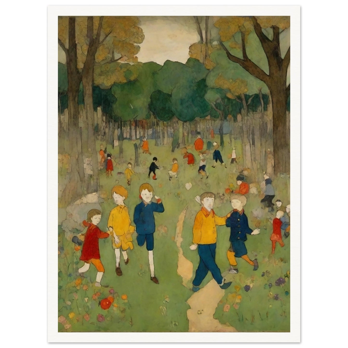 "A nostalgic painting of children playing and exploring in a bright green forest clearing, surrounded by tall trees and colorful wildflowers."