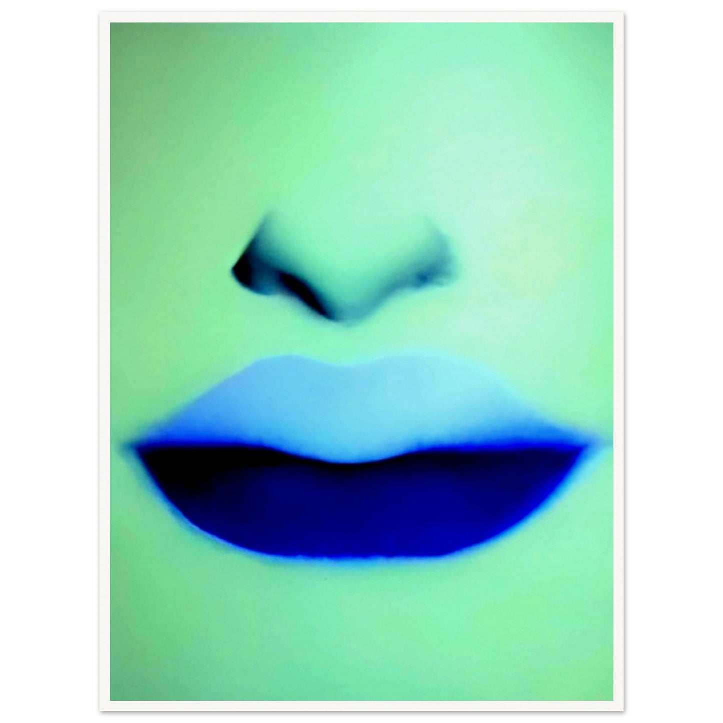 A close-up of soft lips and nose rendered in cool blue and green hues, creating a mysterious and ethereal vibe with bold contrast.