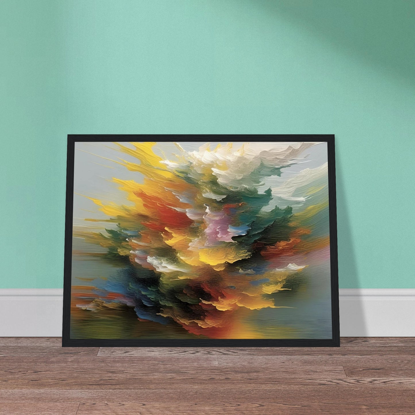 A swirling, radiant burst of multicolored abstract textures, resembling a cosmic explosion or floral cloud in motion.