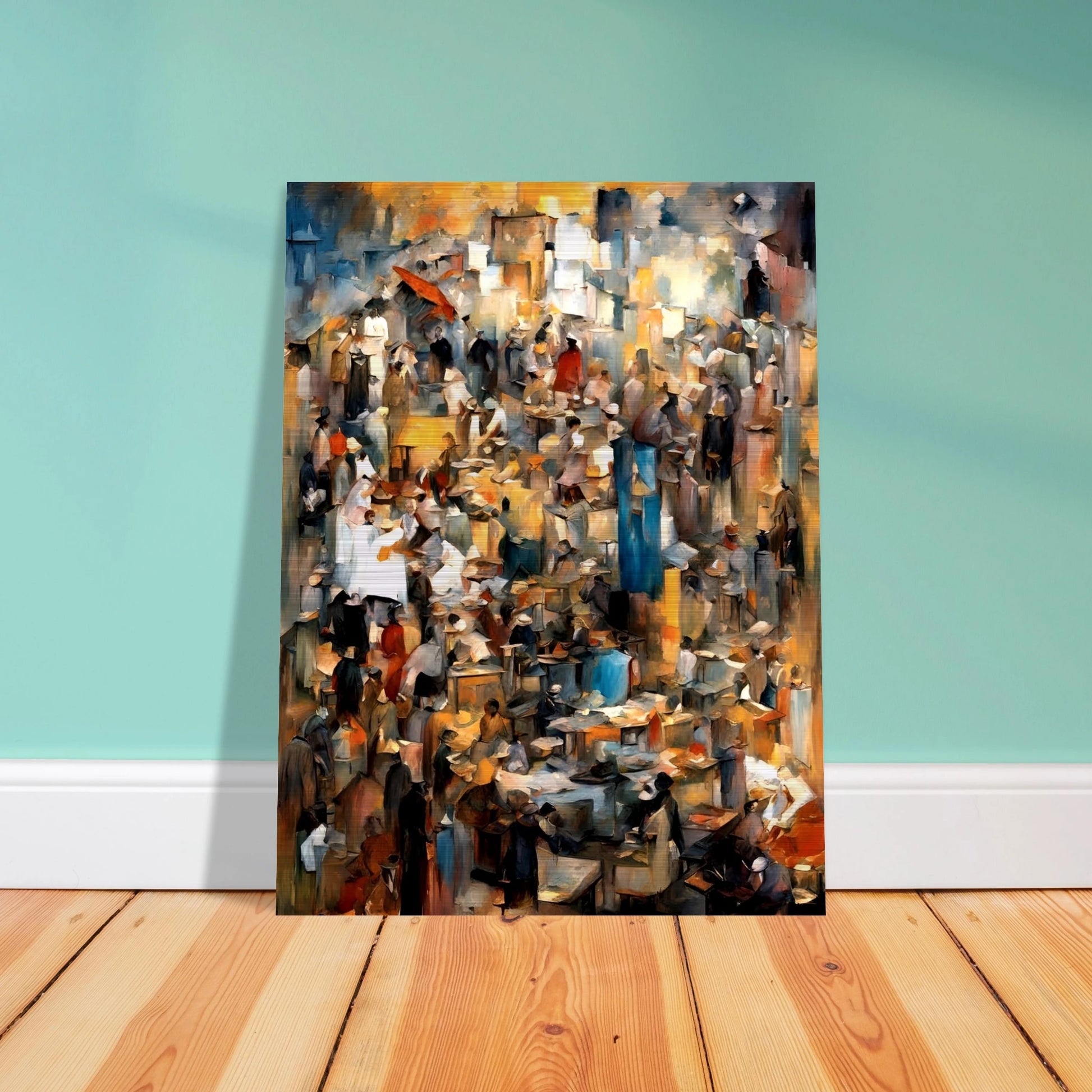 Bustling market scene with abstracted crowds, vendors, and stalls in warm earthy tones, evoking movement and layered human stories.