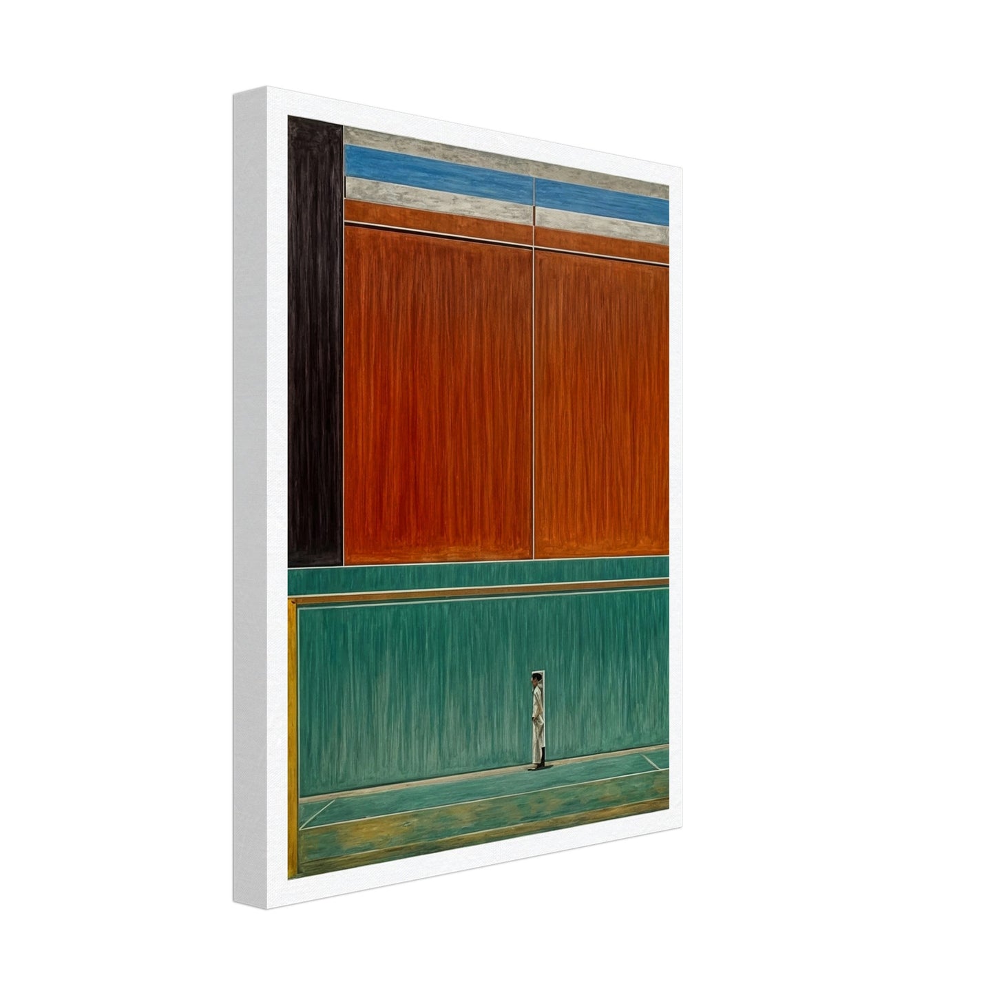 A minimalist painting depicting a solitary figure standing in front of large abstract color blocks.