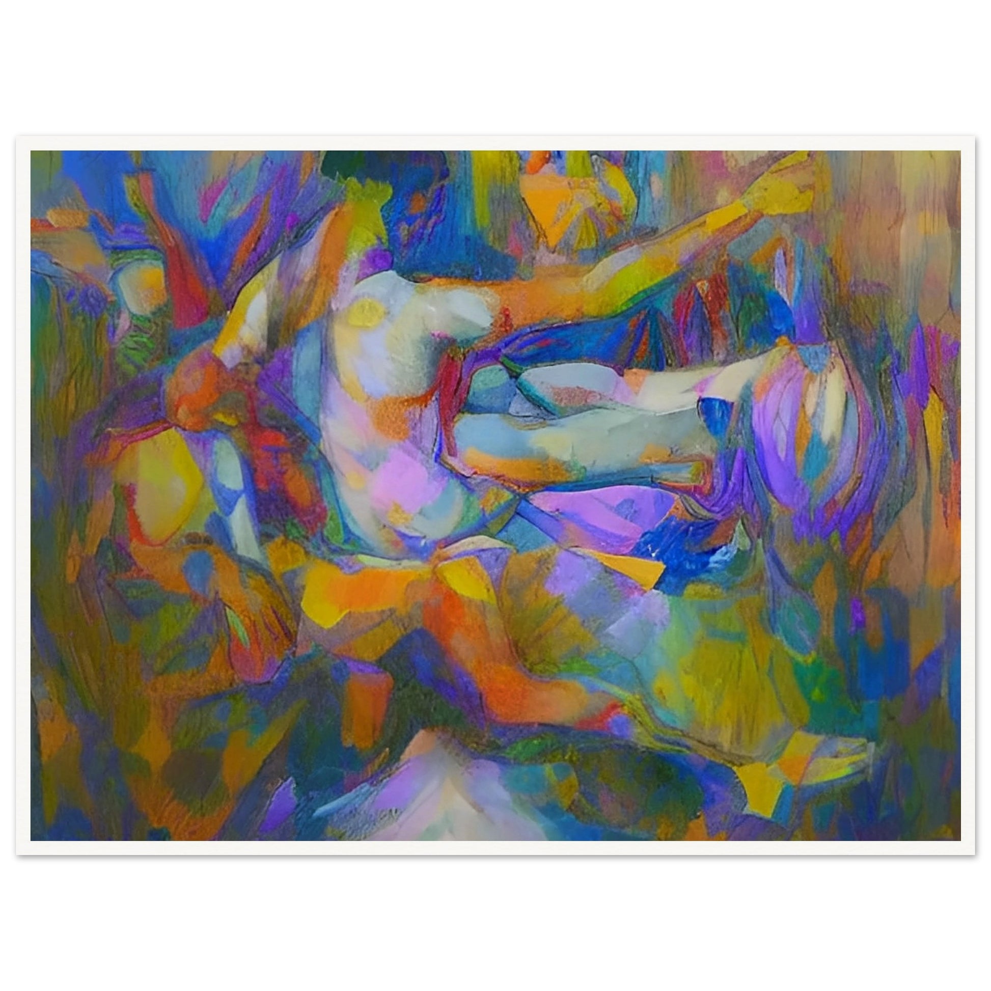 An abstract painting of human figures with vibrant, dynamic colors and forms creating a sense of movement and energy.