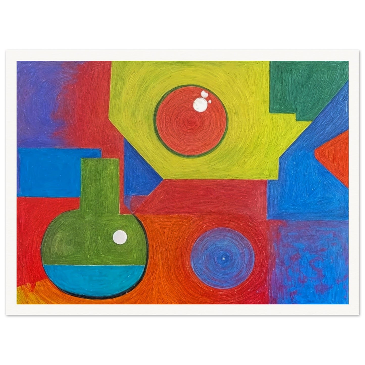 A colorful abstract composition featuring vibrant geometric shapes in bold reds, greens, blues, and yellows, creating a playful and dynamic visual arrangement.