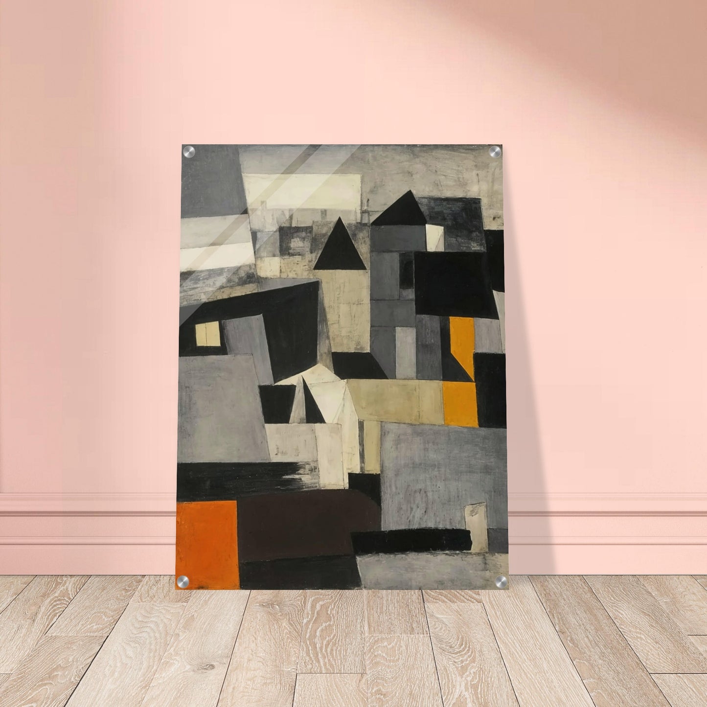 A dynamic composition of fragmented cityscape elements in shades of gray, black, and orange, creating an intriguing visual narrative.