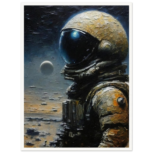 A detailed painting of an astronaut in a spacesuit standing on a lunar surface with a distant planet in the background.