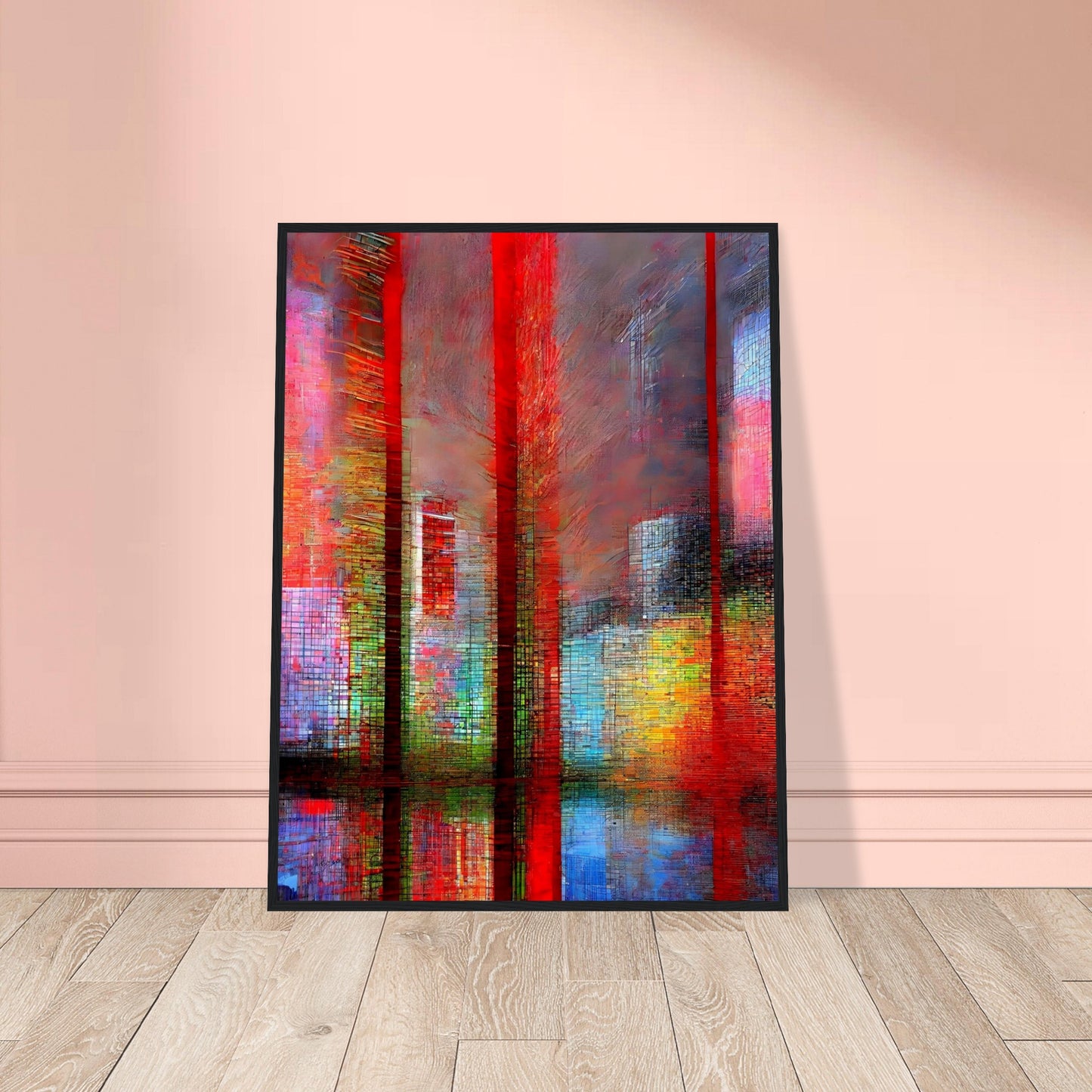A vibrant abstract cityscape featuring tall red structures, colorful reflections, and a textured urban atmosphere in shades of red, blue, and yellow.