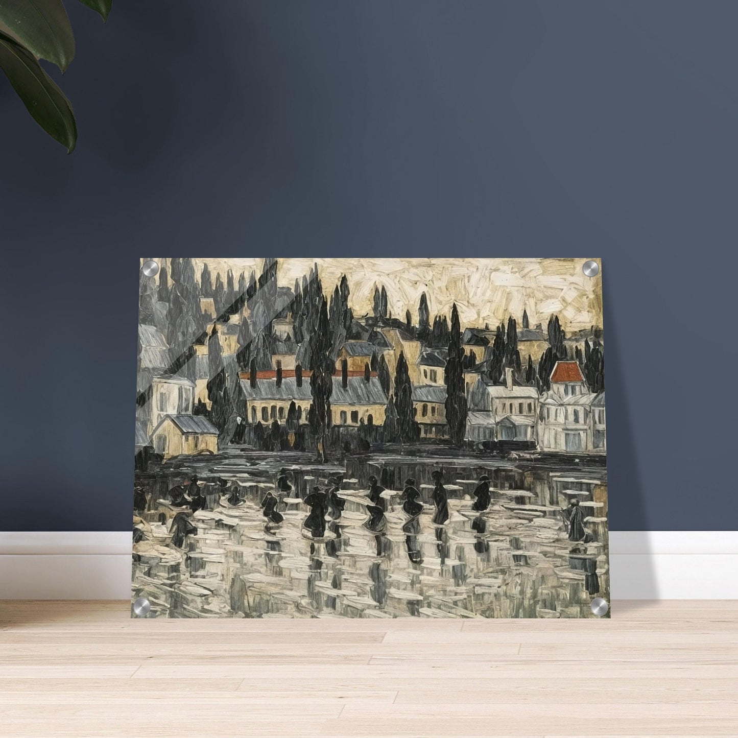 A textured painting of a serene townscape reflected on a misty lake, with tall trees and buildings set against a soft, muted sky.