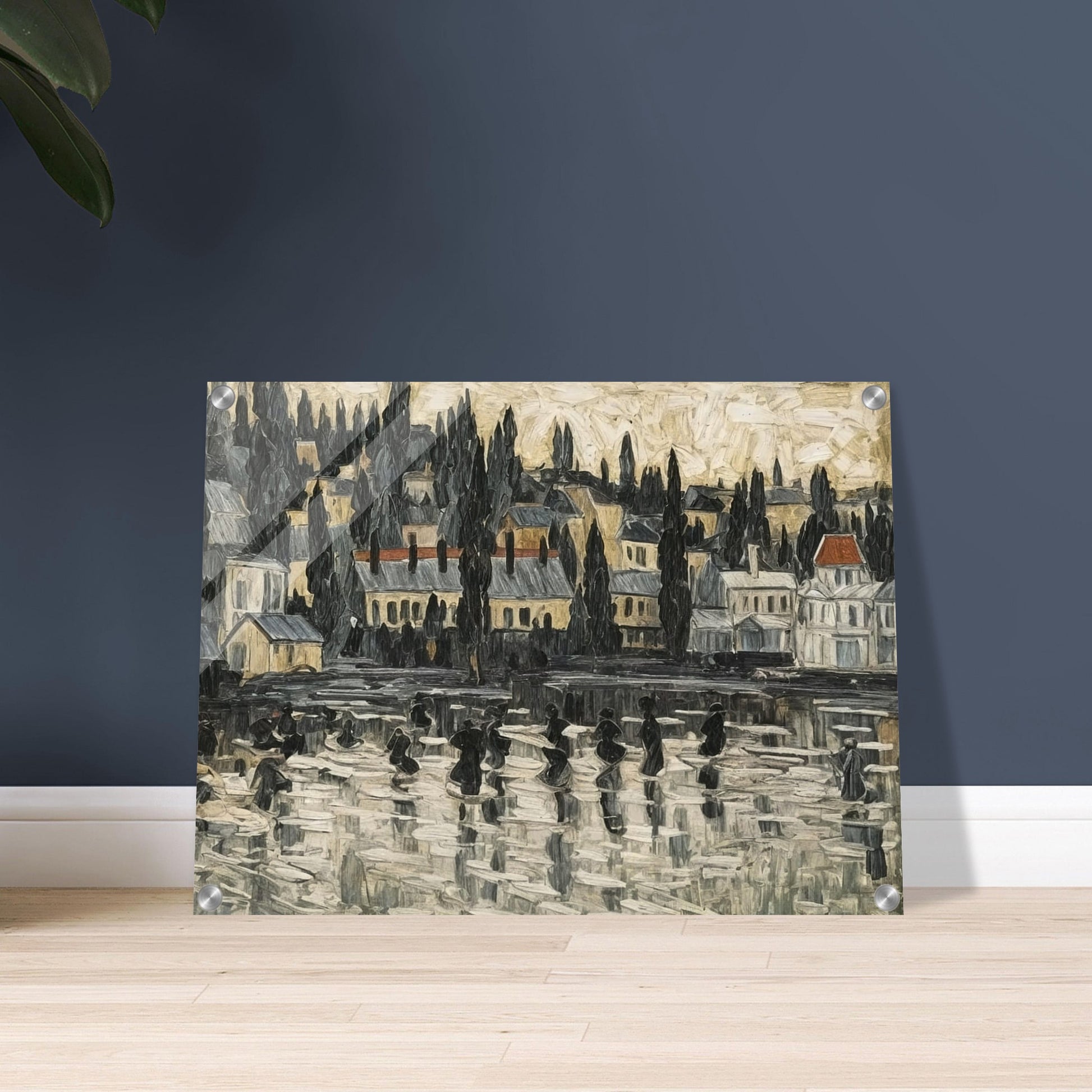 A textured painting of a serene townscape reflected on a misty lake, with tall trees and buildings set against a soft, muted sky.