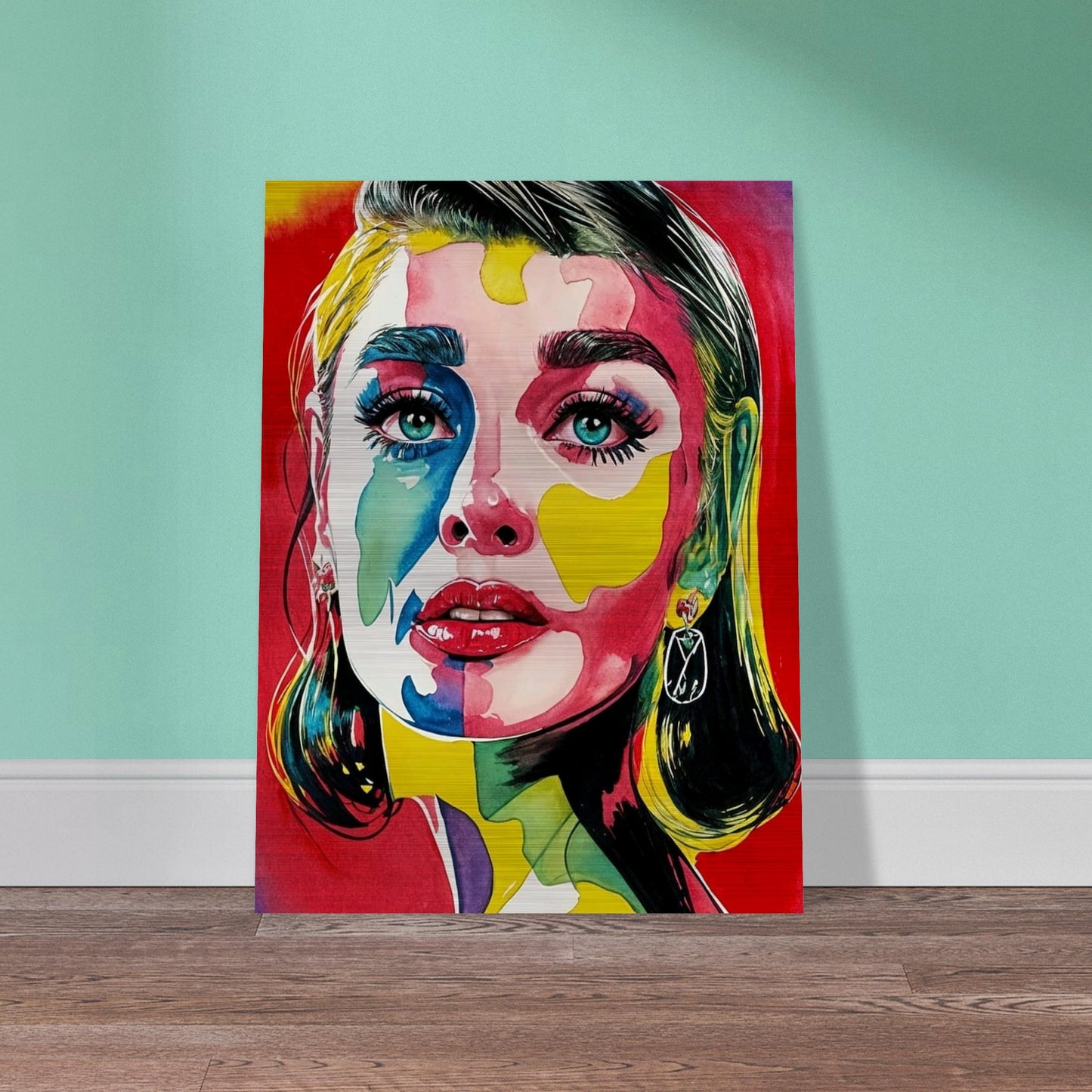 A striking portrait of a woman with vivid colors painted across her face, featuring bold reds, blues, yellows, and greens, with intense, captivating eyes.