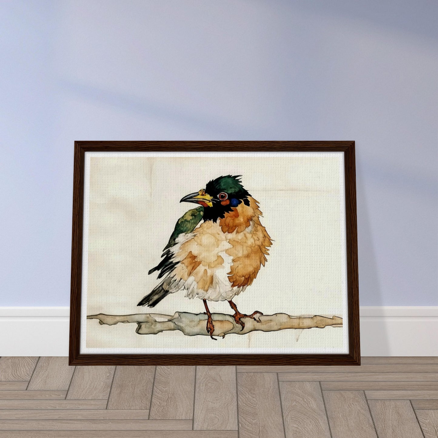 "A delicate painting of a small bird with fluffy, colorful feathers perched on a branch, set against a soft, neutral background."