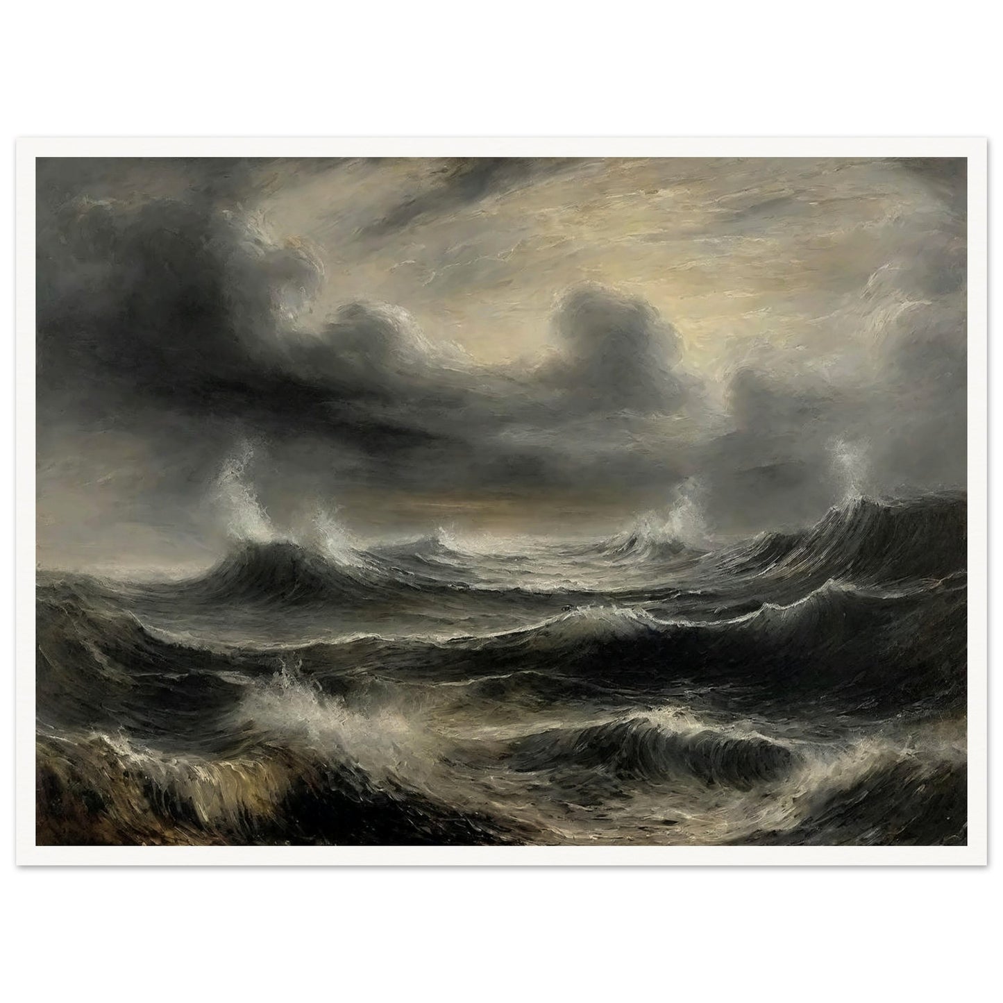 A dramatic painting of a stormy sea with dark, turbulent waves and ominous clouds. The swirling, textured brushstrokes capture the intensity and power of the ocean during a tempest.