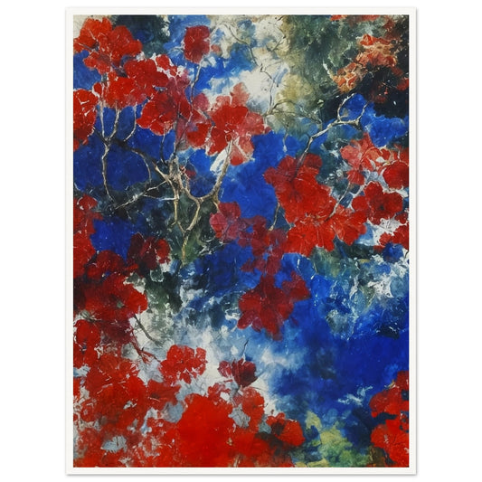 A vibrant abstract painting featuring rich red foliage set against a dynamic blue and green background, evoking a sense of natural beauty.