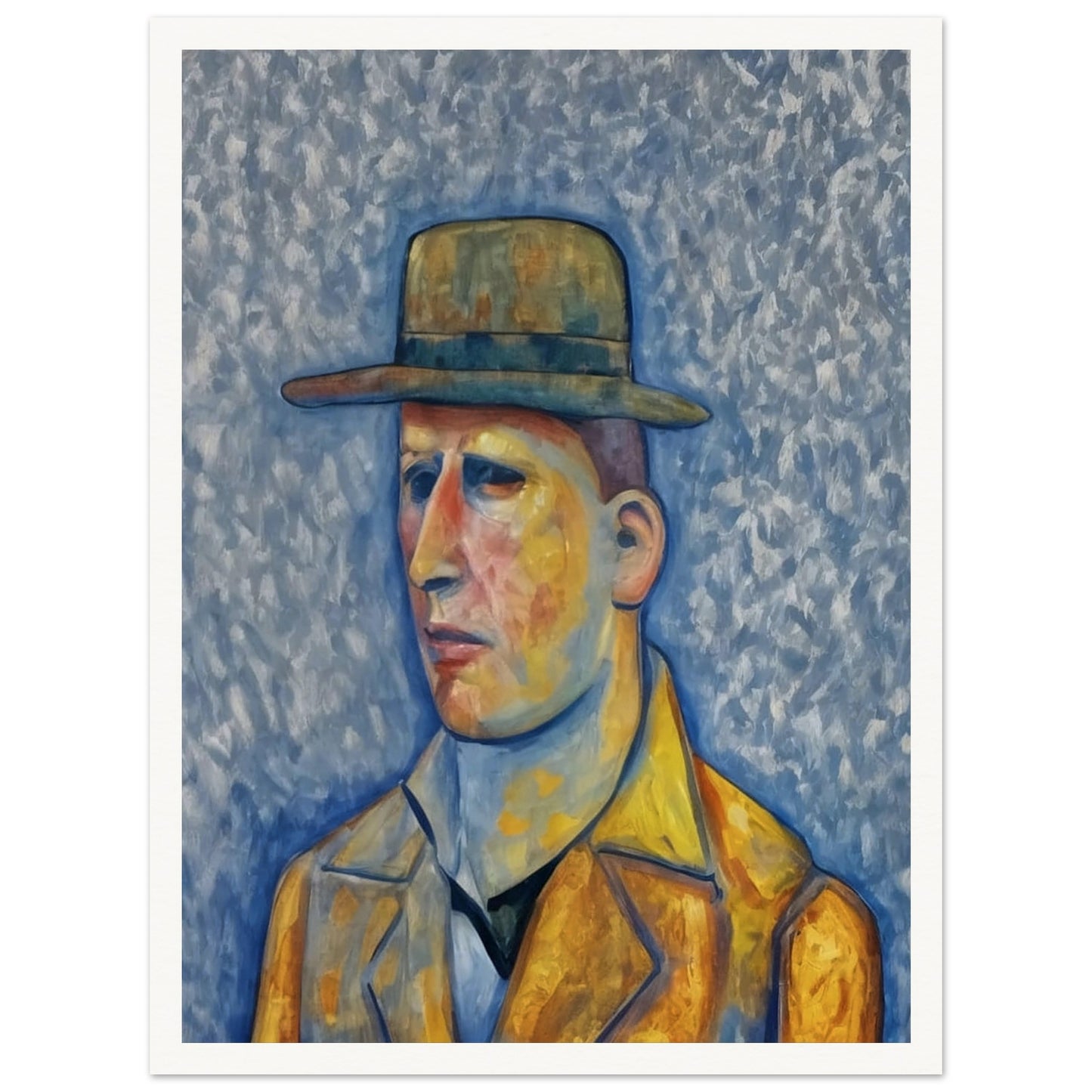 A stylized portrait of a man in a yellow coat and green hat, set against a textured blue background, with a solemn expression on his face.