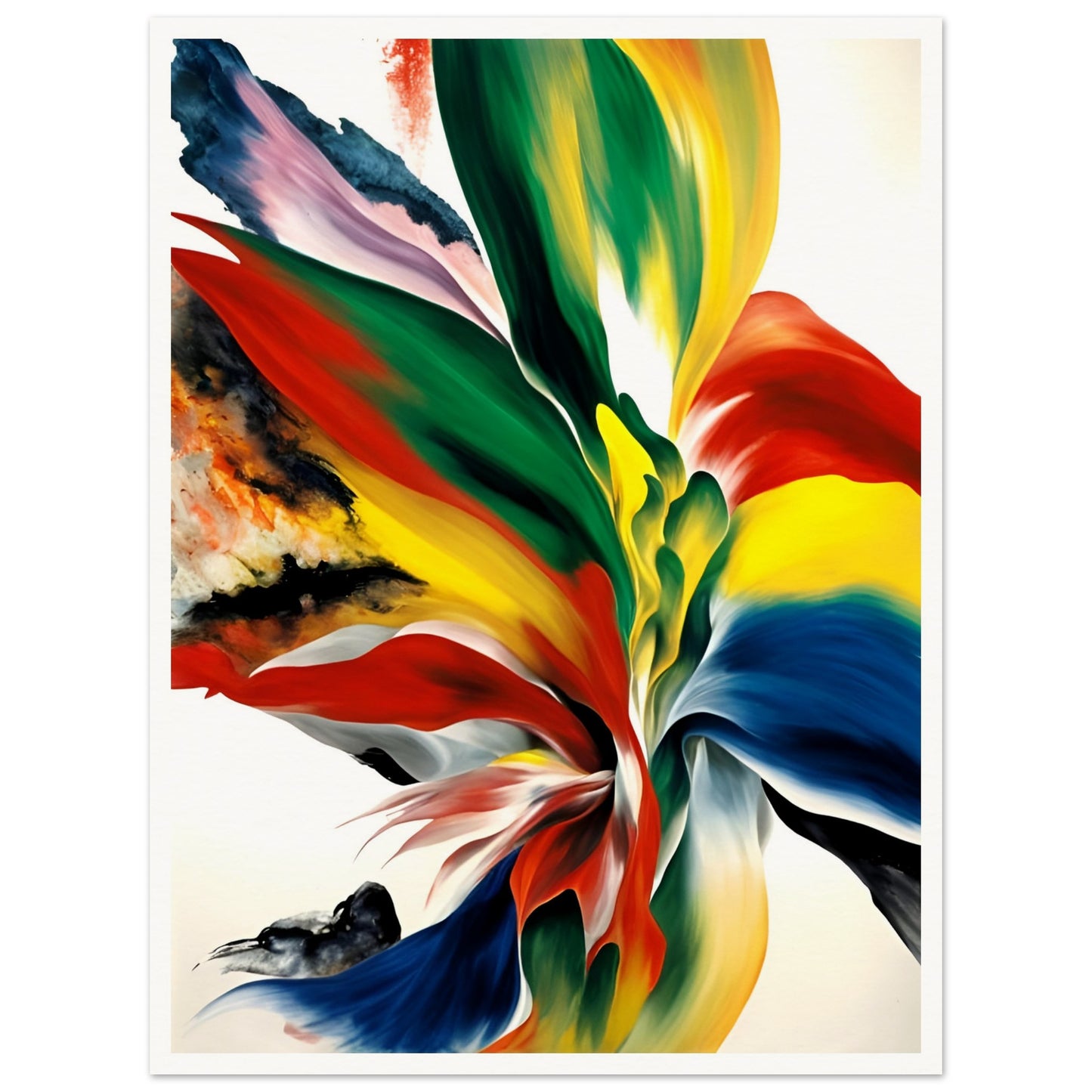 A dynamic explosion of vivid reds, yellows, blues, and greens blending in fluid motion, resembling an ethereal floral bloom or flame.