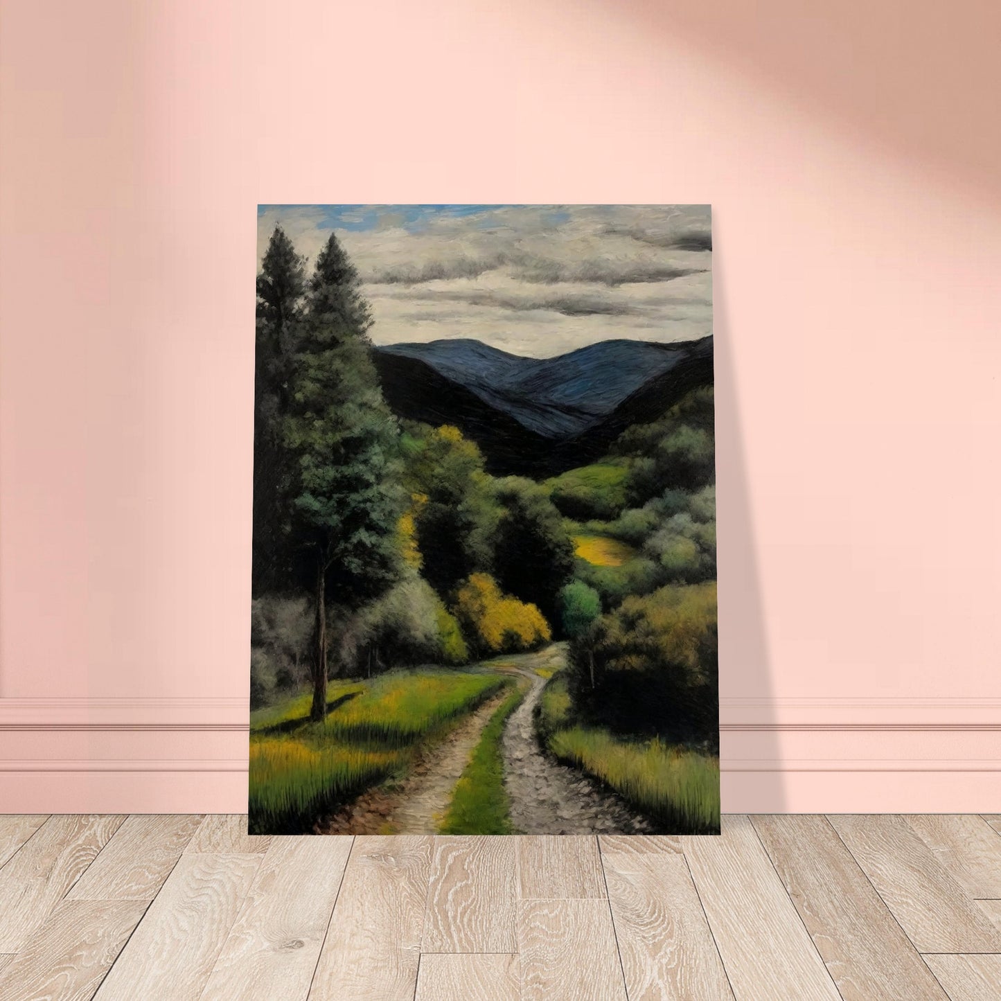 A picturesque landscape painting of a winding path leading through a verdant forest, with tall trees and lush green foliage. In the background, blue mountains rise under a partly cloudy sky, creating a serene and inviting scene.