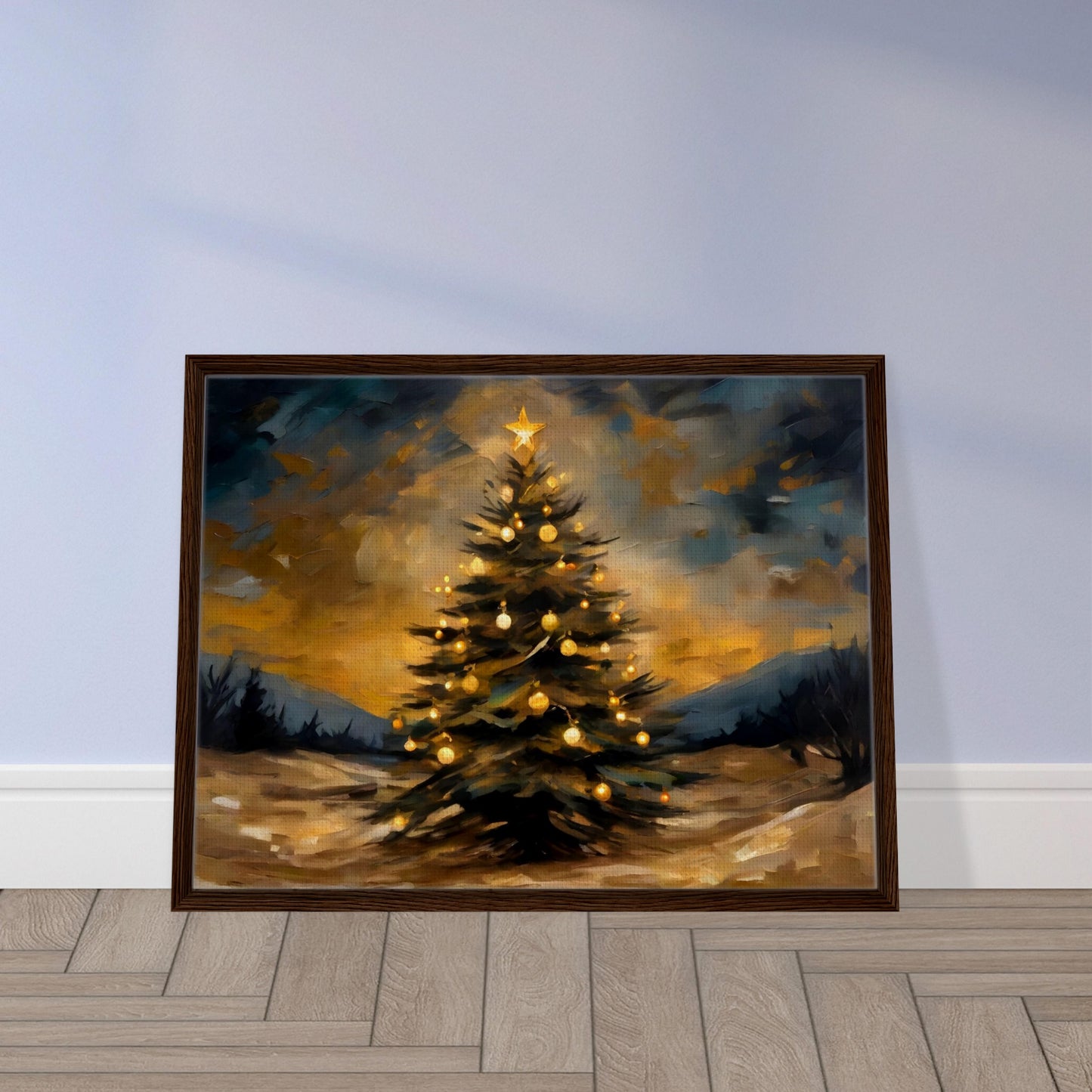 A glowing Christmas tree adorned with golden ornaments and a star topper, set against a dramatic evening sky and a snowy landscape.