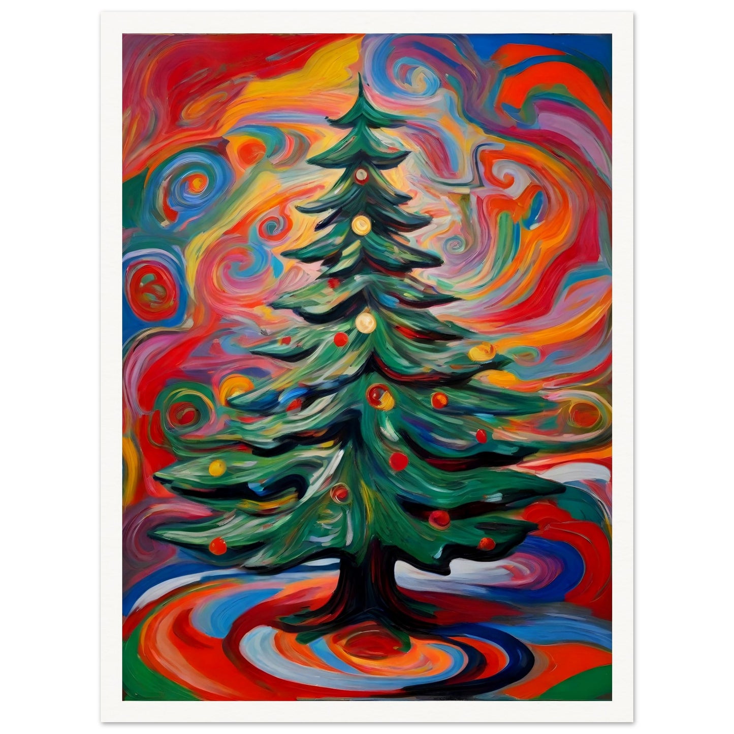 A vivid painting of a decorated Christmas tree surrounded by colorful, swirling patterns in vibrant red, orange, green, and blue hues.