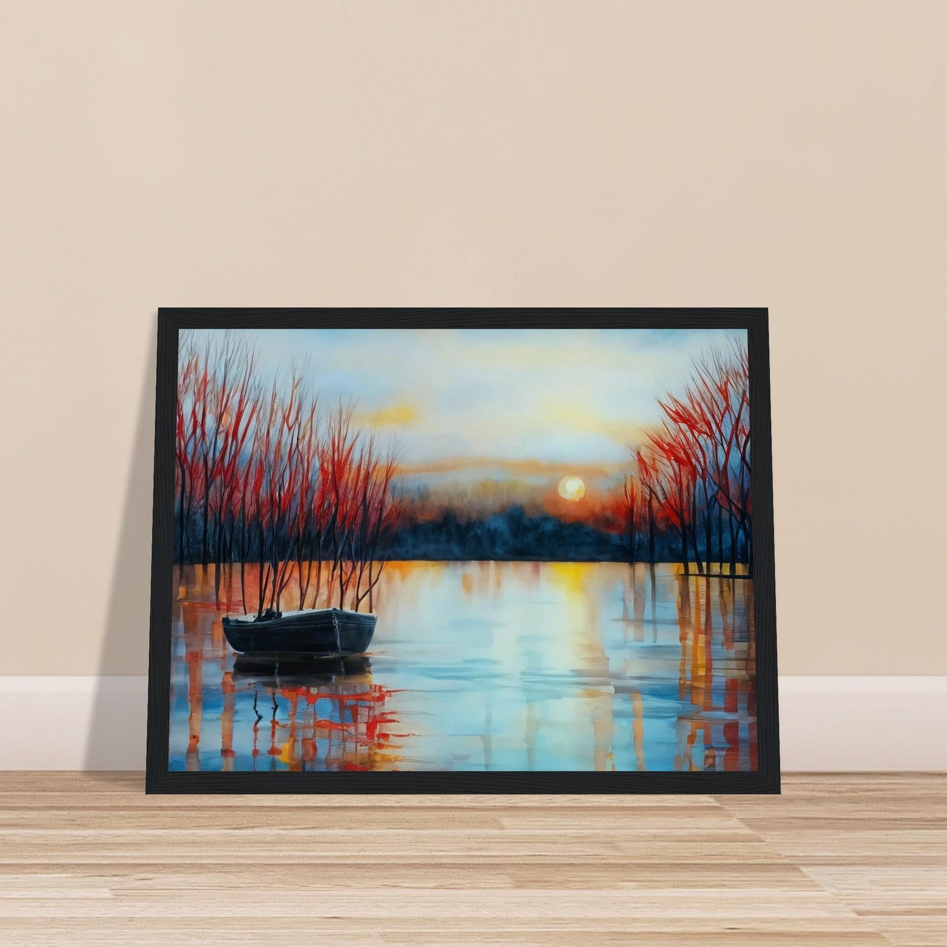 A tranquil lake at sunset with a small boat anchored near bare trees, reflecting the warm hues of the setting sun.