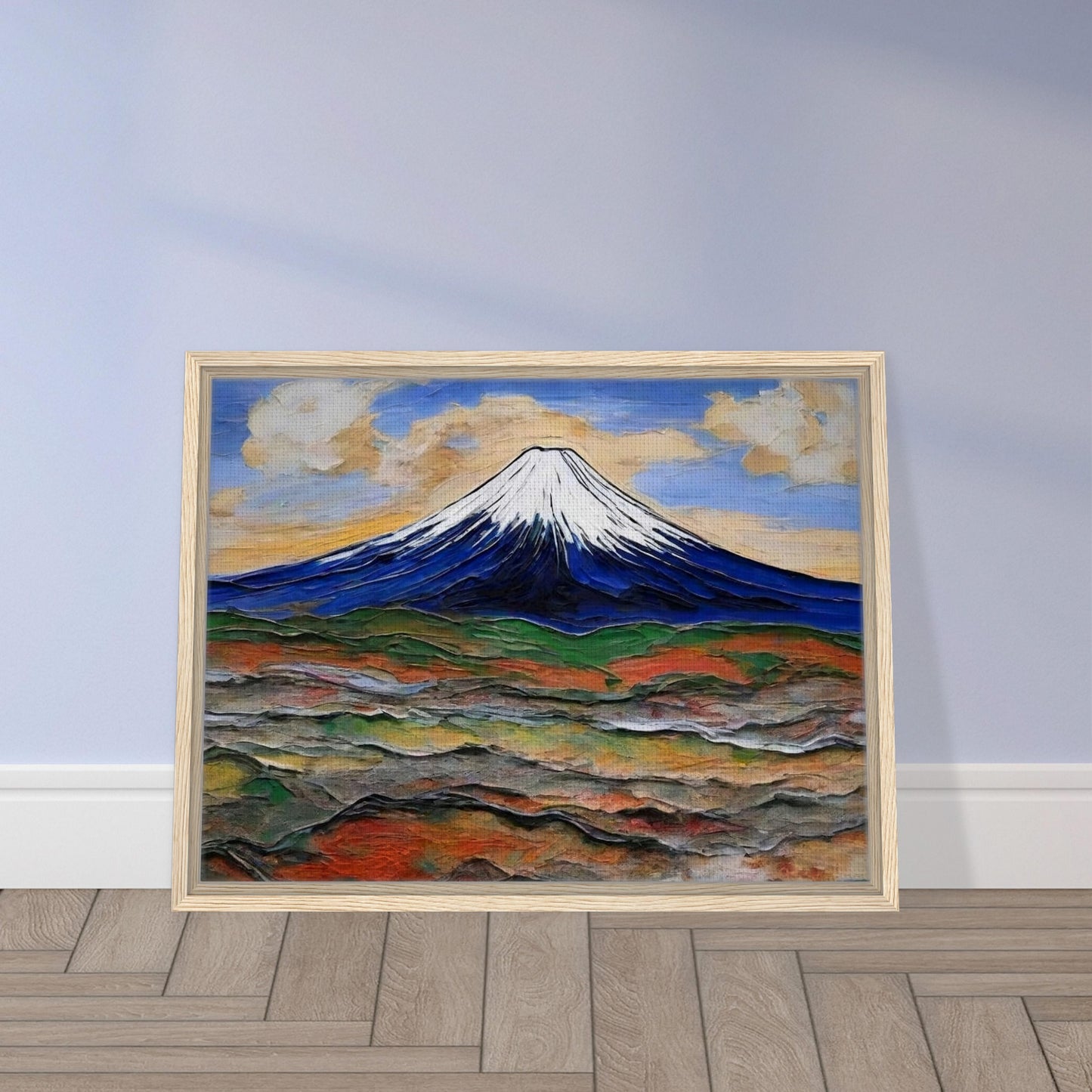 "A breathtaking view of a snow-capped mountain under a colorful sky, with rolling hills in earthy tones spreading out below."