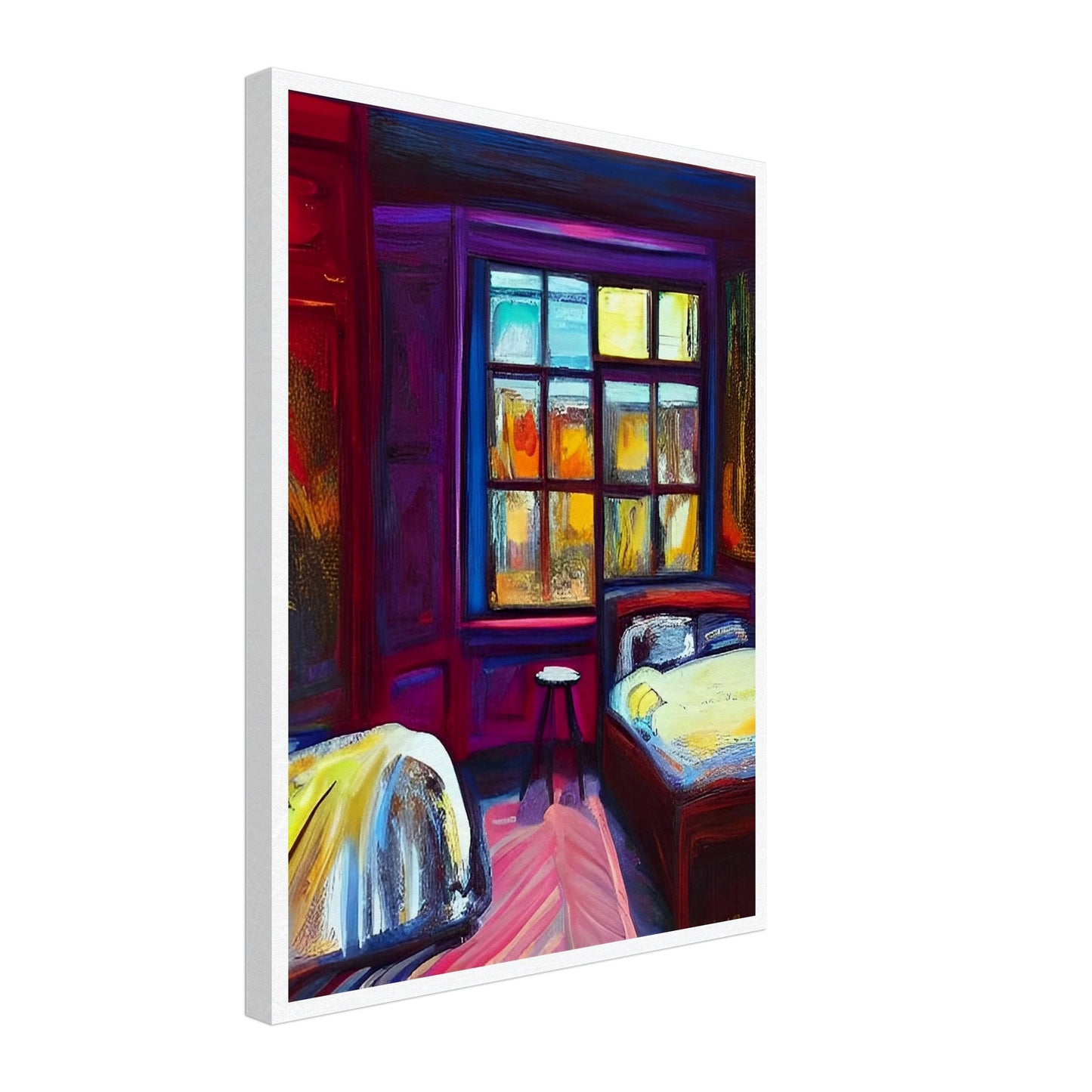 A vibrant painting of a bedroom illuminated by the warm glow of the evening light coming through a large window, casting colorful reflections on the walls and furniture