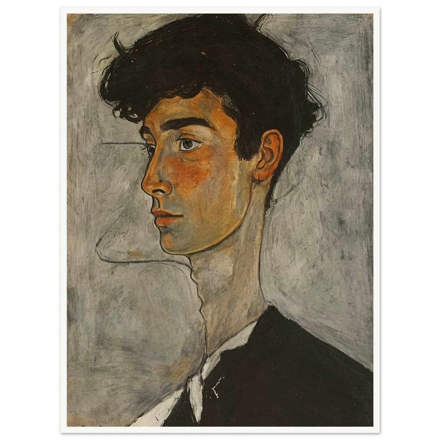 Expressive painting of a young man with a thoughtful expression, featuring warm tones and detailed facial features.