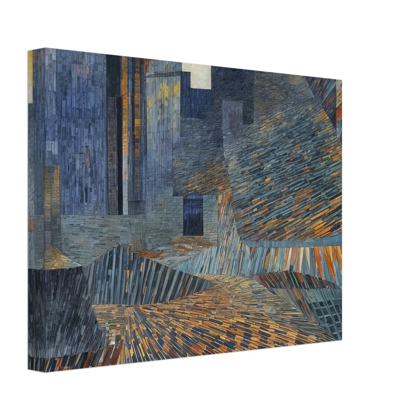 A mosaic-like abstract painting depicting an urban landscape with intricate patterns and vibrant colors.