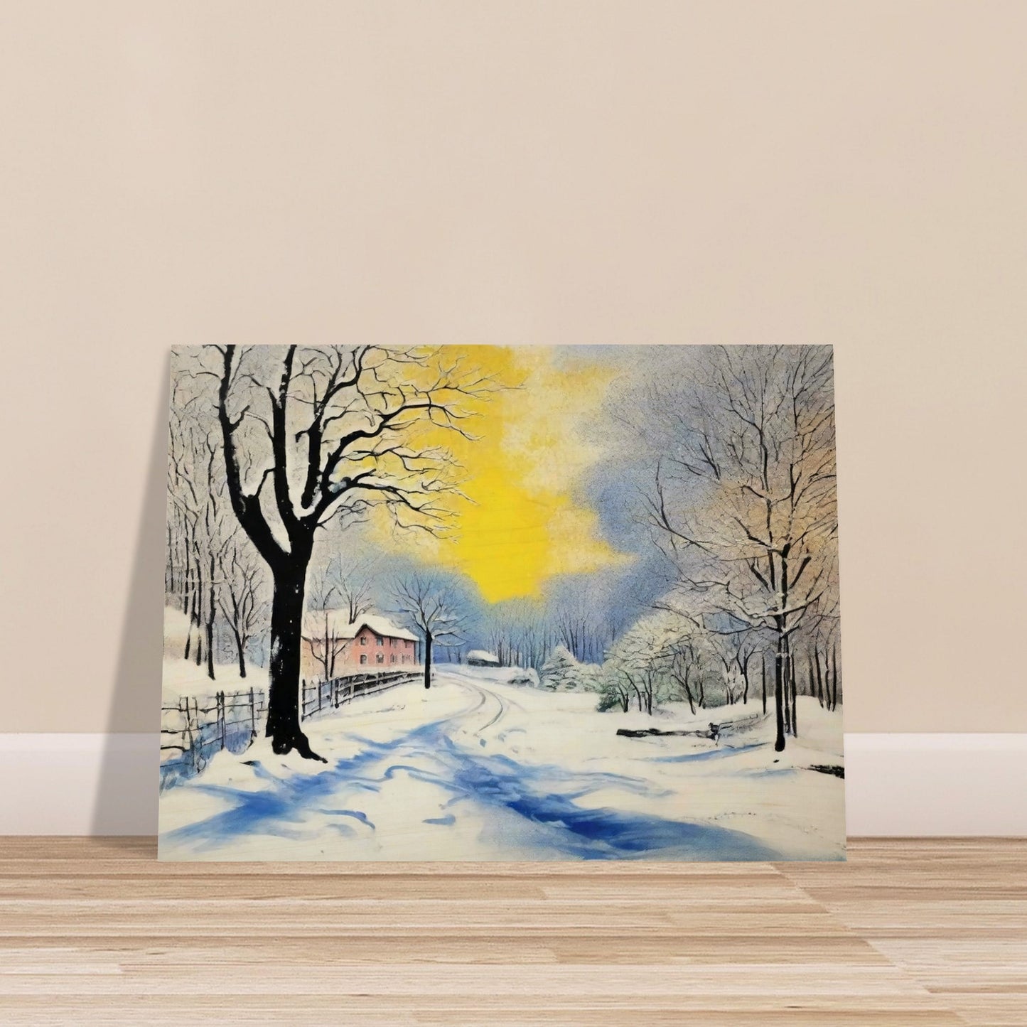 A serene winter landscape with snow-covered trees and a winding path leading to a distant house, illuminated by a warm yellow sunrise against a blue sky.