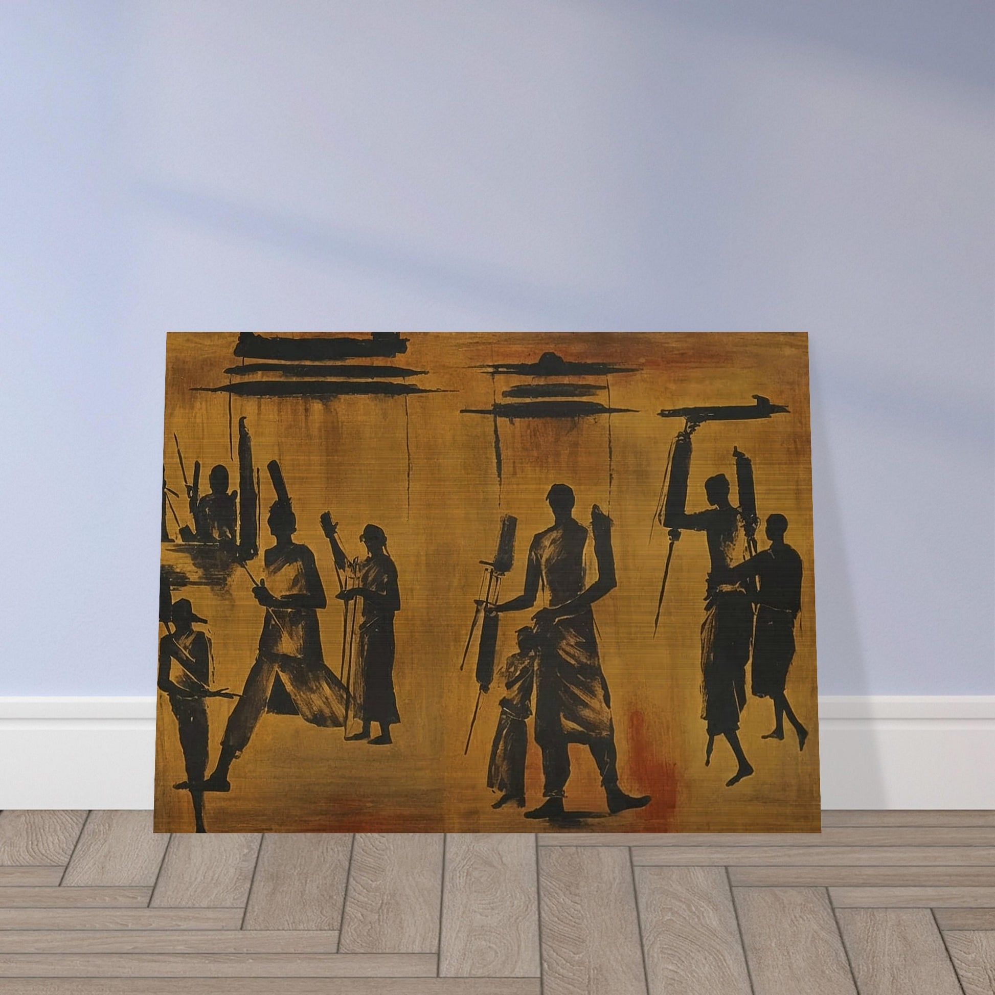 A painting of dark silhouettes of people in motion against a warm, textured background, evoking a sense of movement and rhythm.