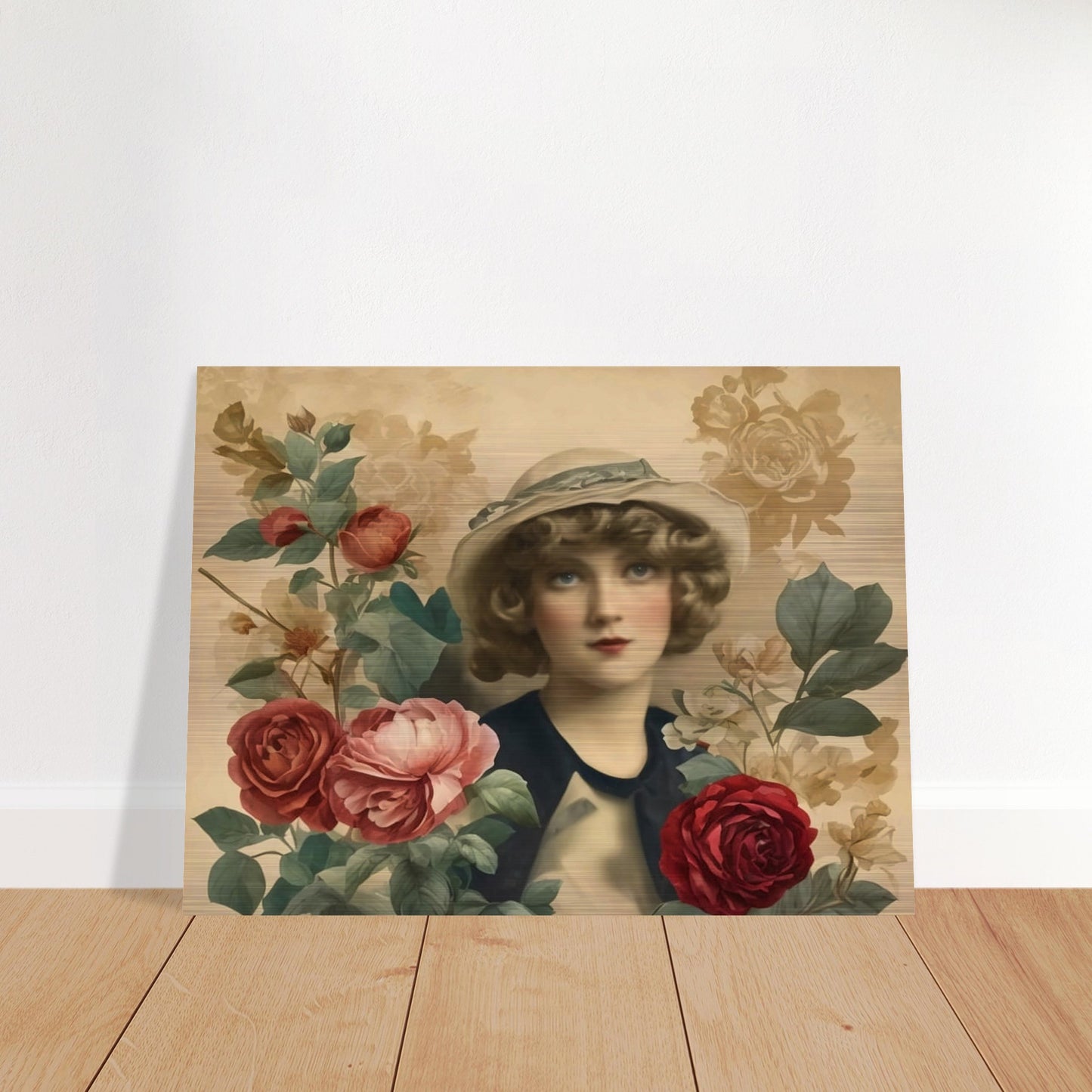 A vintage-style portrait of a woman in a hat, surrounded by blooming roses in soft, muted colors.