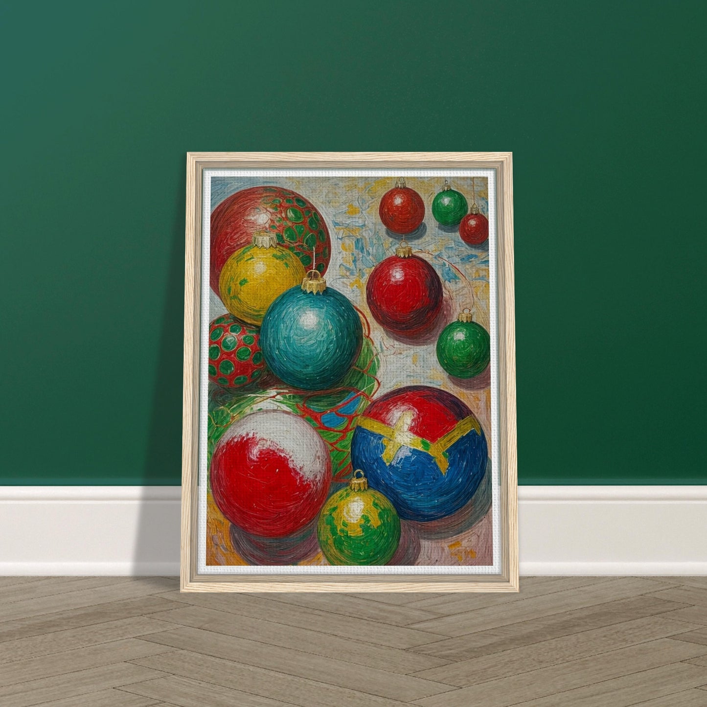 A collection of colorful Christmas ornaments in red, green, blue, and yellow, arranged in a playful and vibrant composition, evoking holiday cheer.