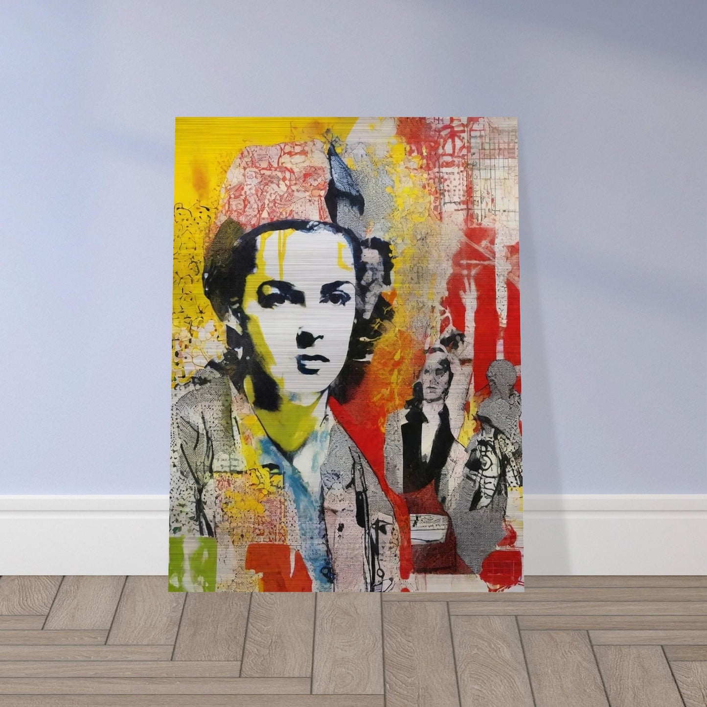 "Bold and colorful collage-like portrait of a serious woman with layers of red, yellow, and abstract patterns in the background."