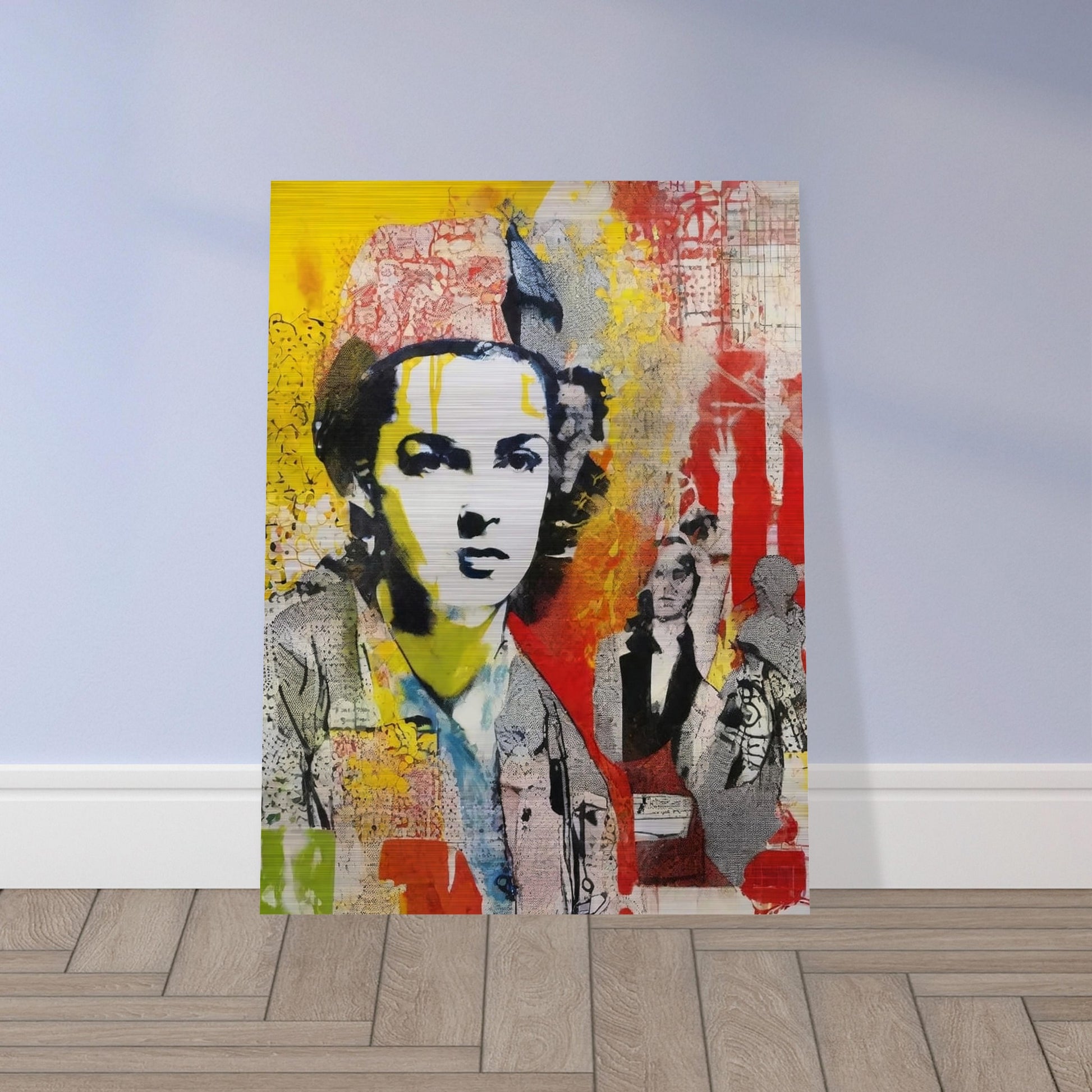 "Bold and colorful collage-like portrait of a serious woman with layers of red, yellow, and abstract patterns in the background."