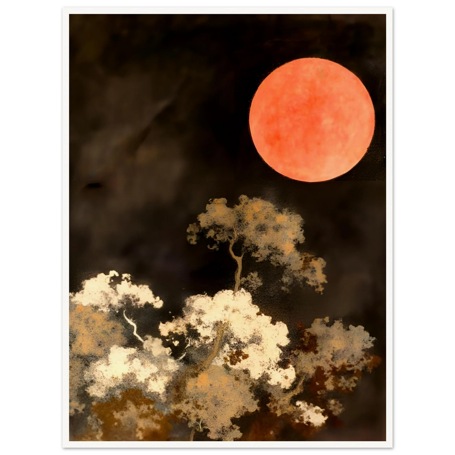 A glowing red moon floats over wispy trees in the dark, creating a dreamlike night scene with fiery contrast and quiet drama.