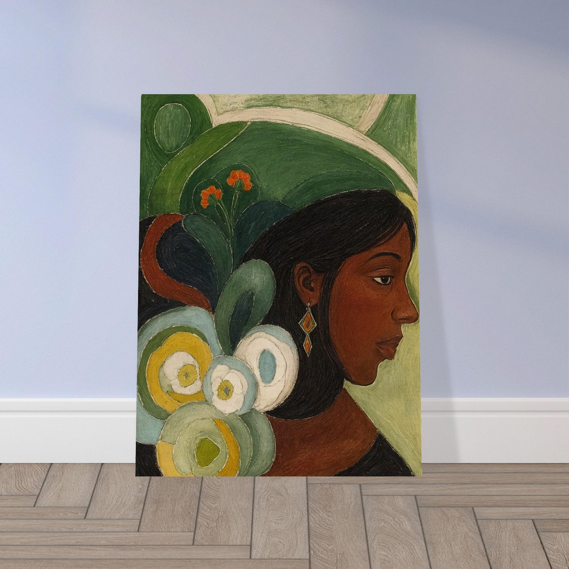 A contemplative portrait of a woman in profile, adorned with vibrant green and floral elements in the background.