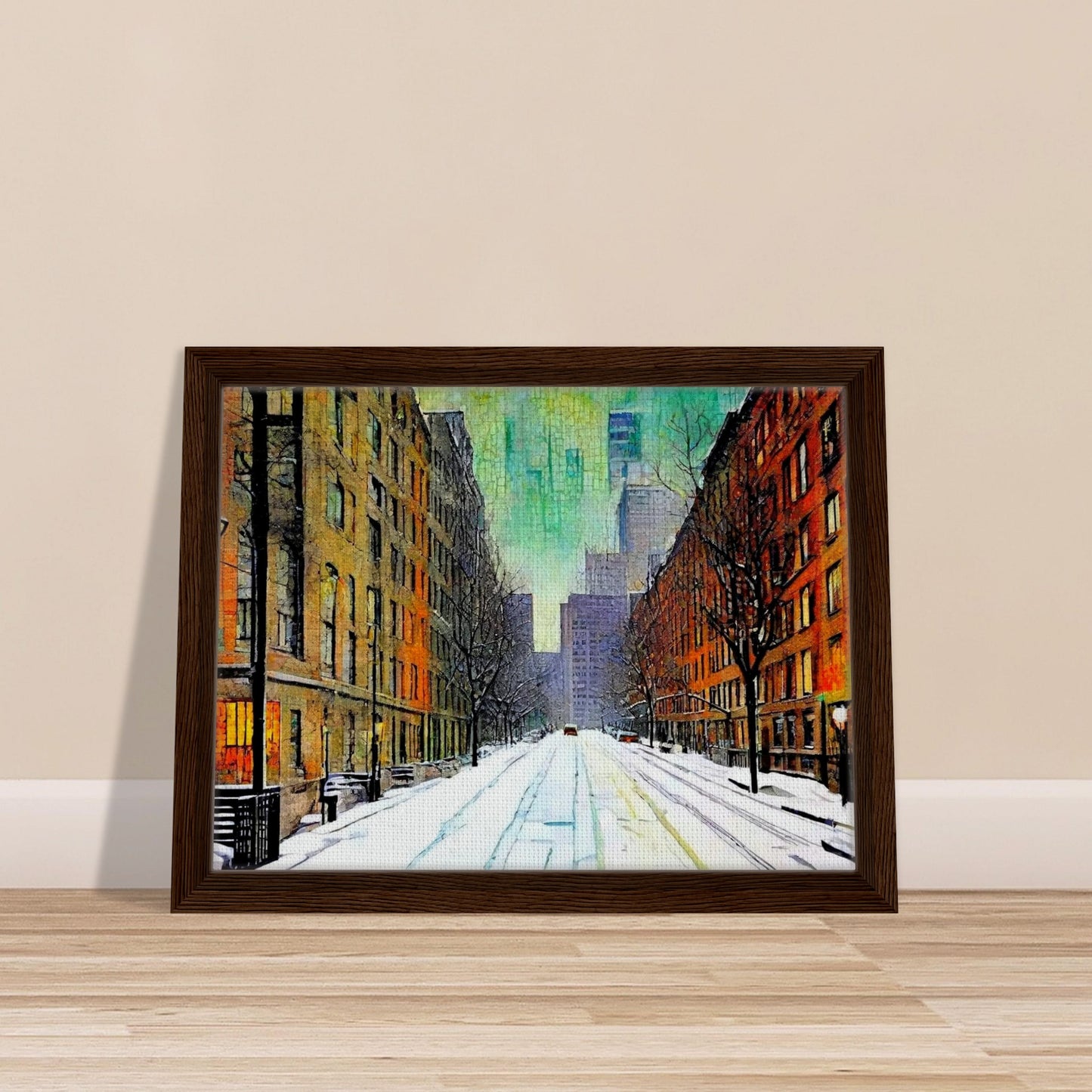 A quiet, snow-covered city street lined with tall buildings on either side, leading to a misty skyline of skyscrapers under a greenish winter sky, evoking peaceful urban solitude.