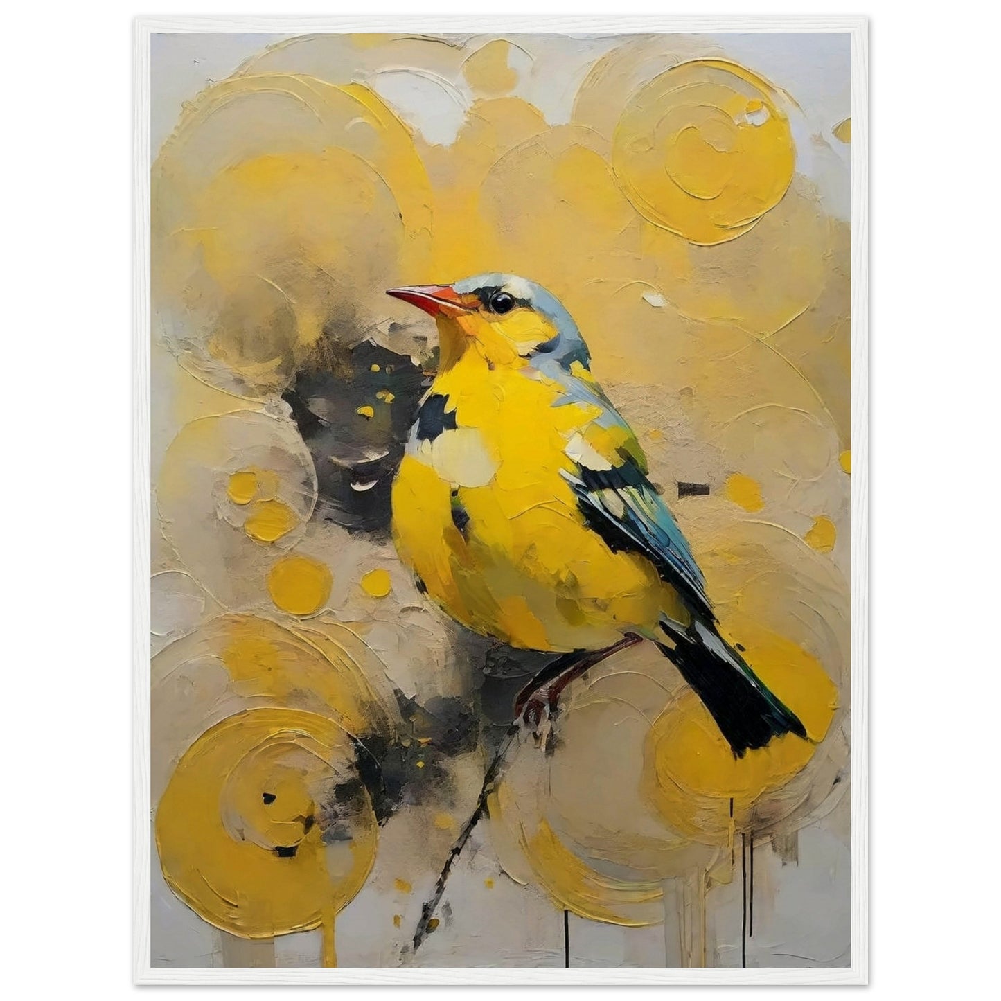 A vibrant painting of a yellow bird with blue accents, perched against a backdrop of swirling yellow patterns.
