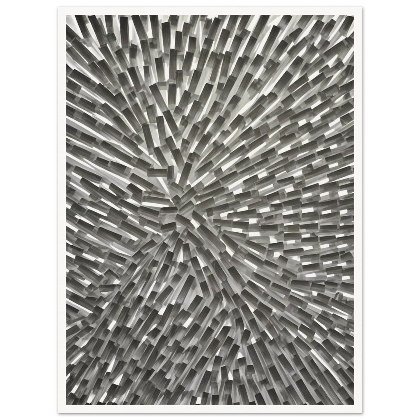 An abstract monochromatic artwork featuring a dynamic arrangement of geometric rectangular blocks radiating outward in a burst-like pattern.