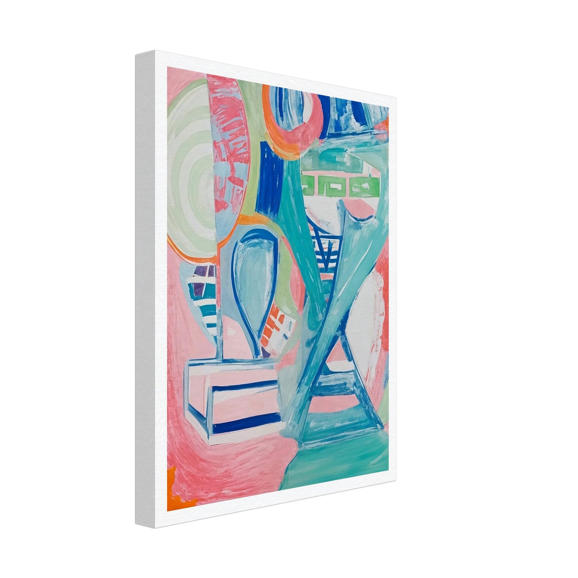 A dynamic interplay of pastel colors and geometric shapes creating a lively abstract composition full of energy and movement.
