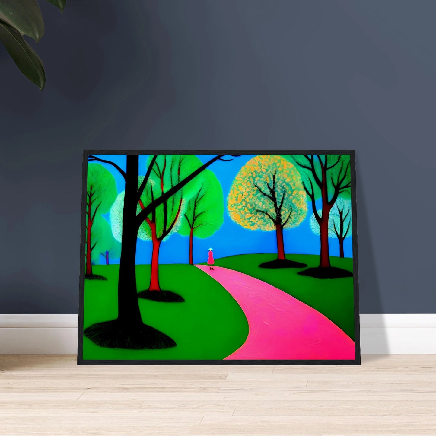 Minimalist landscape with neon green trees, blue sky, and a lone woman walking along a winding bright pink path.