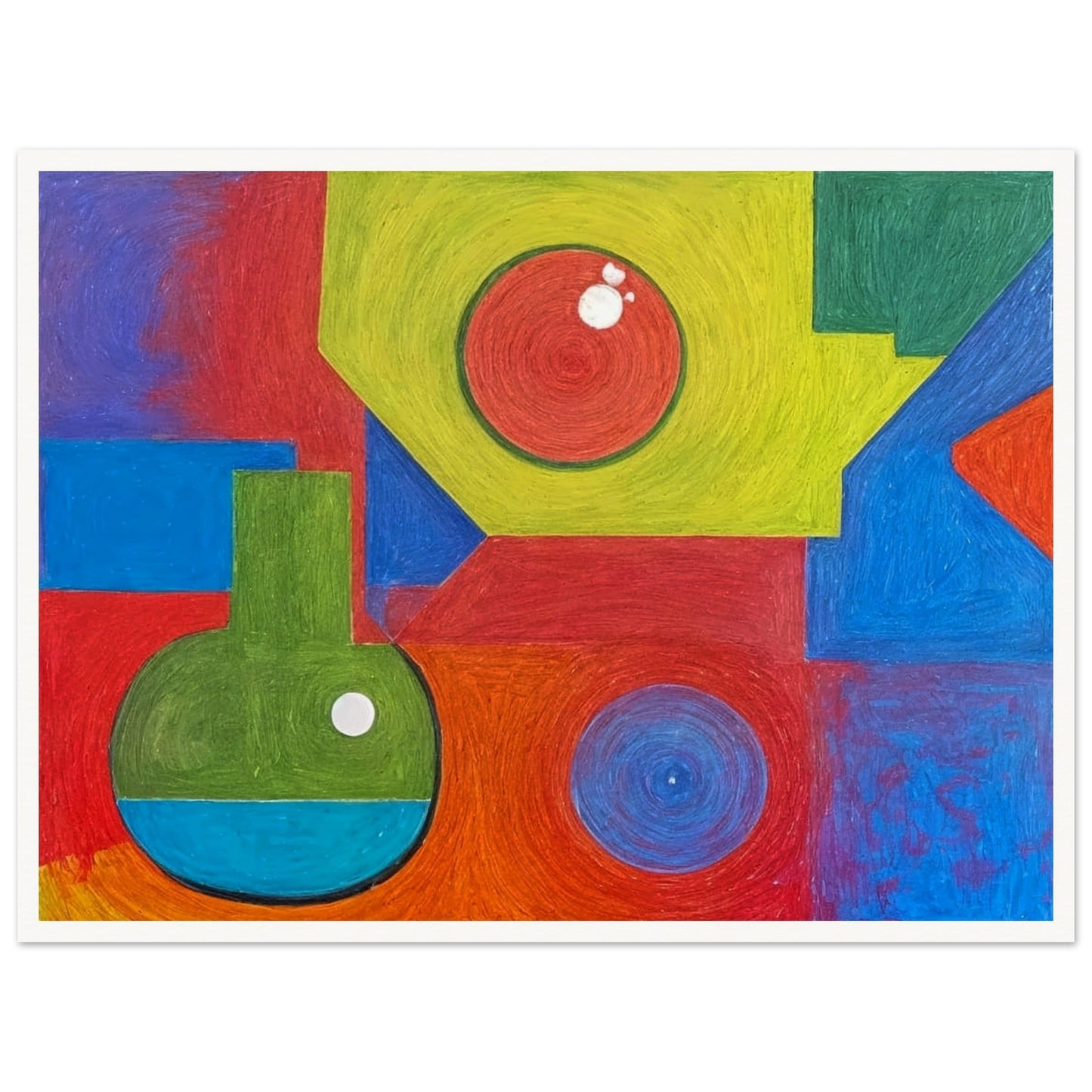 A colorful abstract composition featuring vibrant geometric shapes in bold reds, greens, blues, and yellows, creating a playful and dynamic visual arrangement.