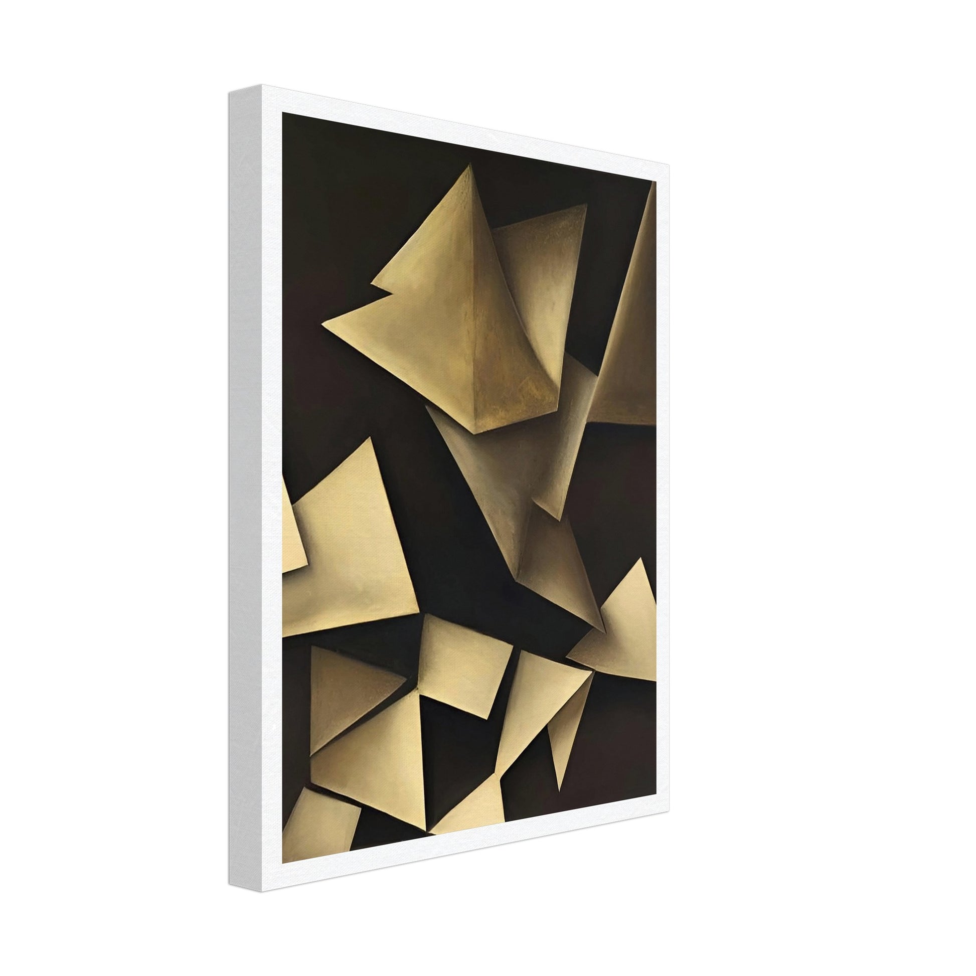 Abstract painting featuring geometric shapes in muted tones, creating a play of light and shadow.