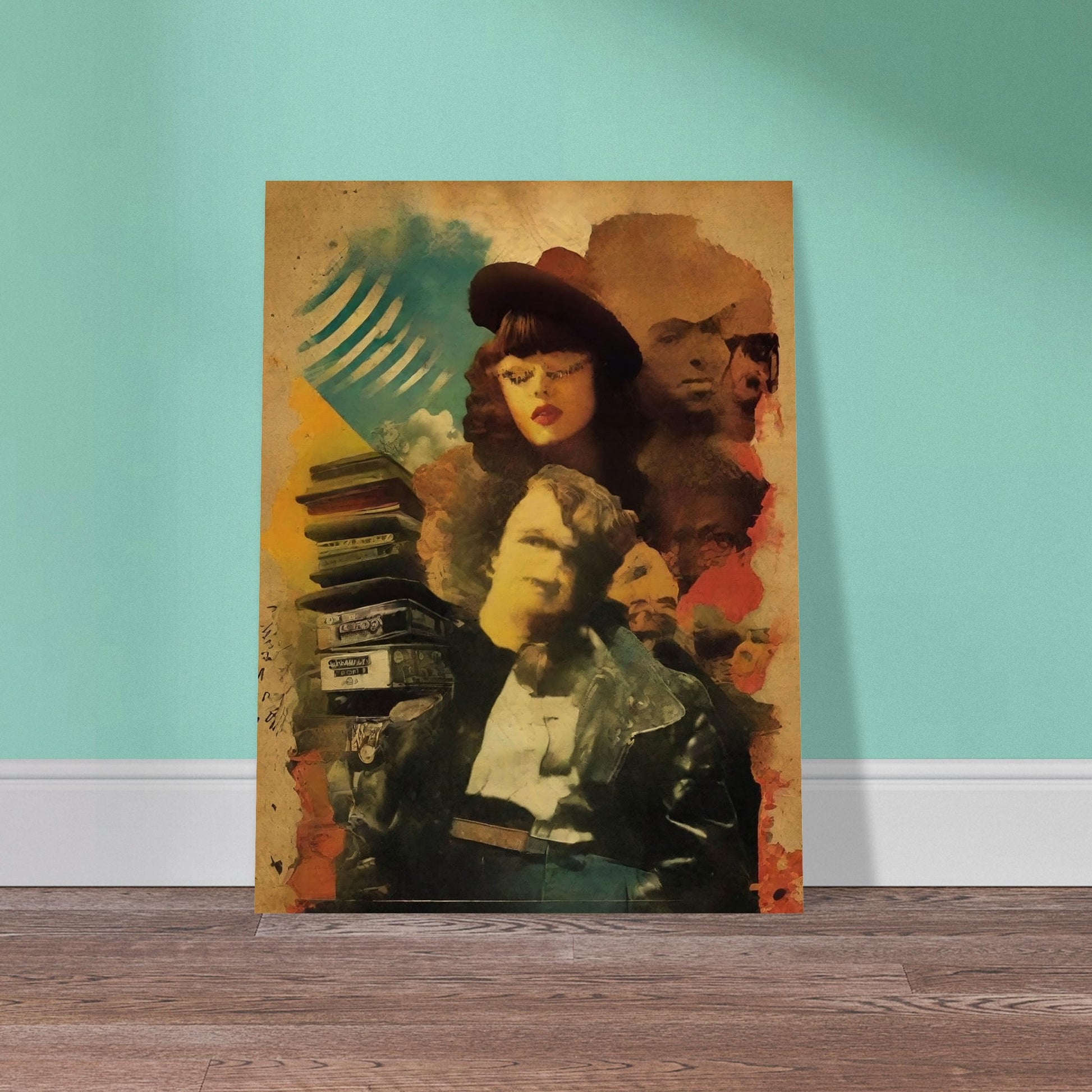Surreal collage of vintage figures, with a woman in a hat and a man in a leather jacket, surrounded by old cassette tapes and faces