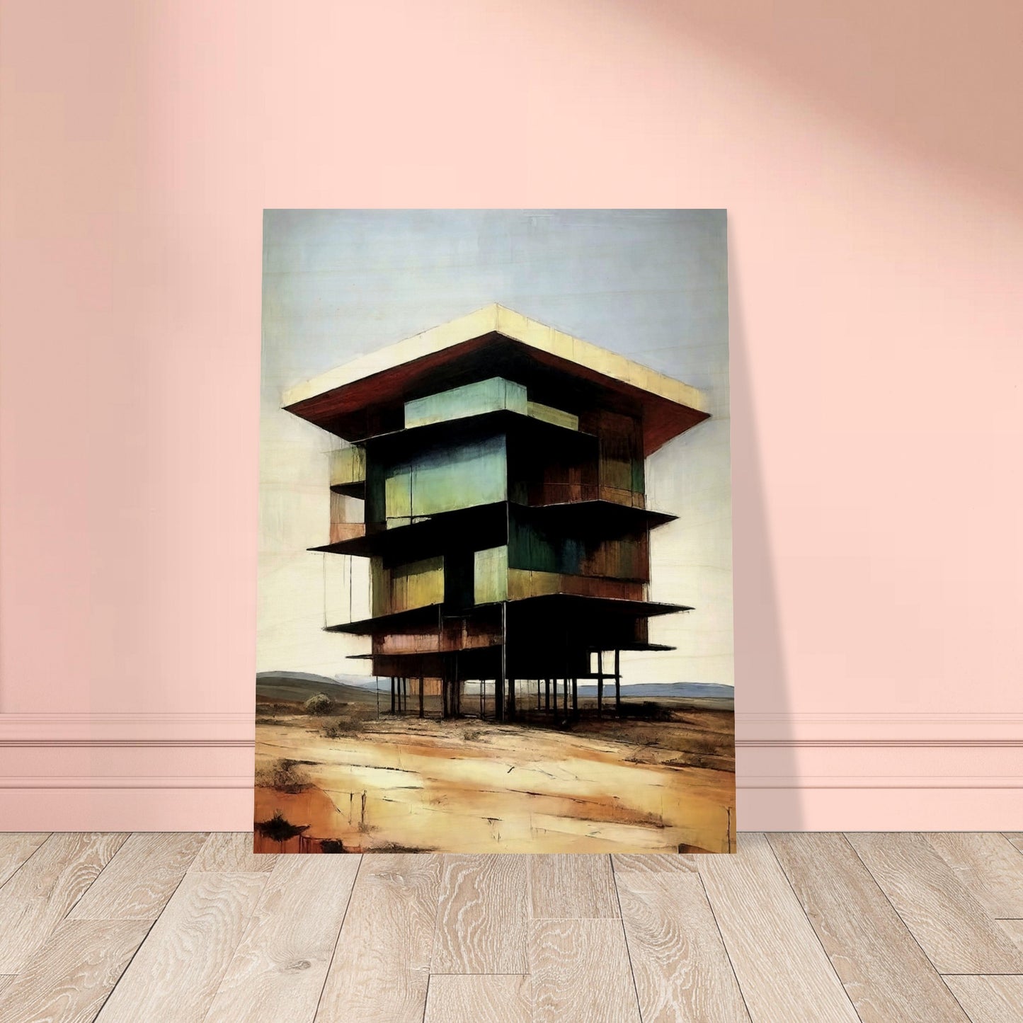 A modern, multi-level building standing on tall stilts in a desolate desert landscape, with earthy tones and a minimal sky.