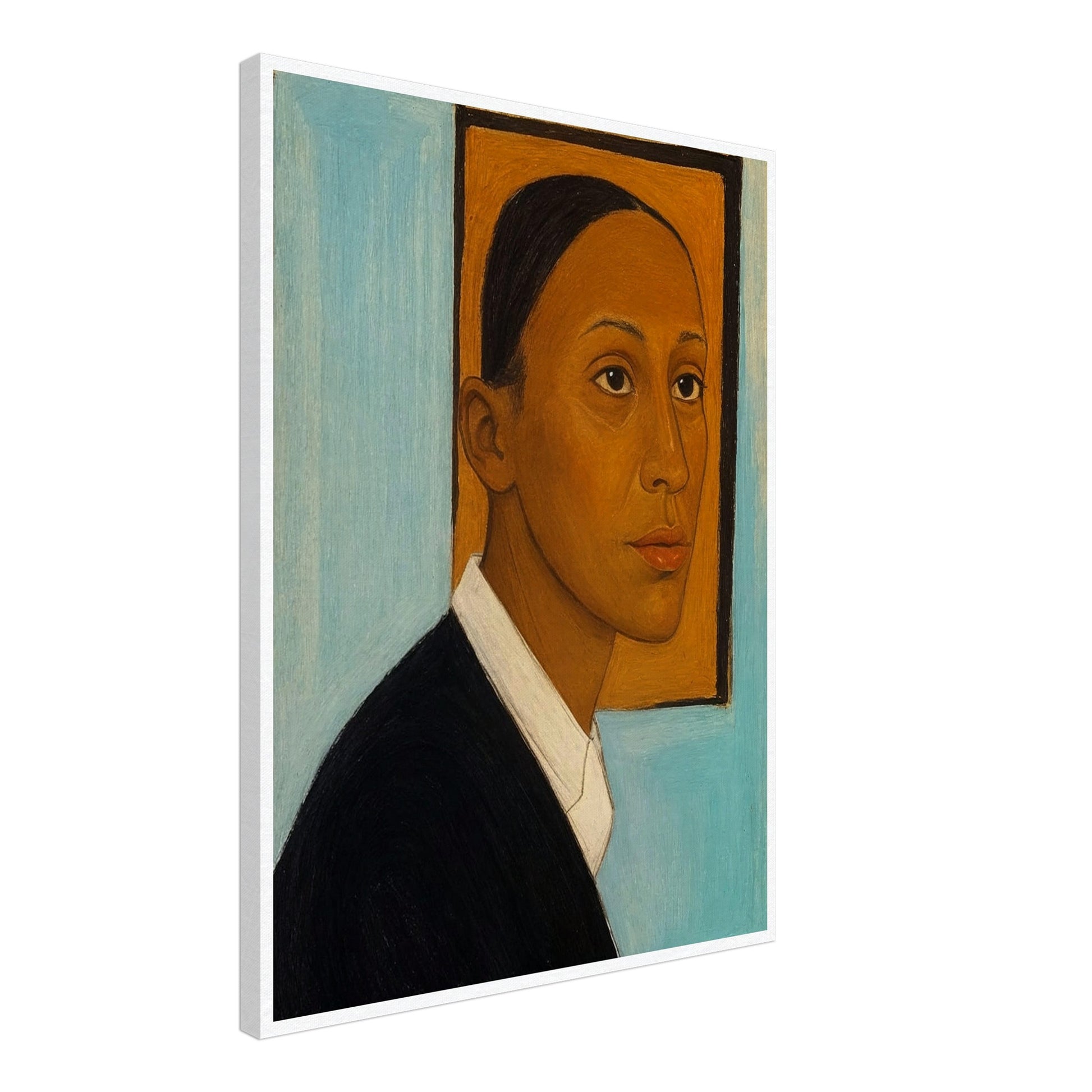 Stylized painting of a person in profile wearing a black jacket and white shirt against a light blue background with an orange frame behind the head.